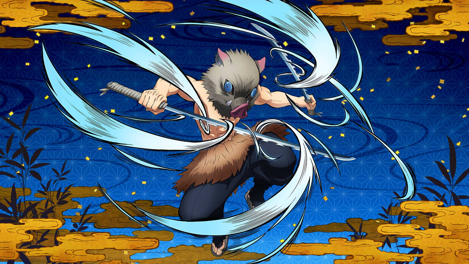 Demon Slayer Inosuke con remolinos de agua en sus espadas Fondos de pantalla