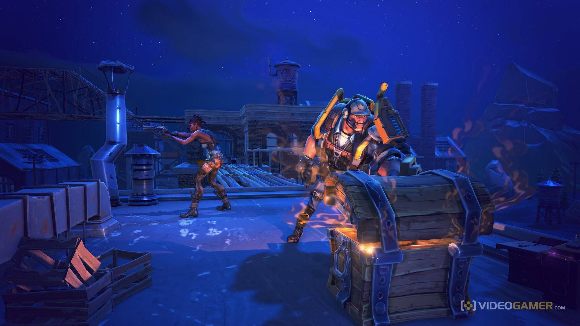 Dos jugadores encuentran un cofre del tesoro en Fortnite, fondo de pantalla.