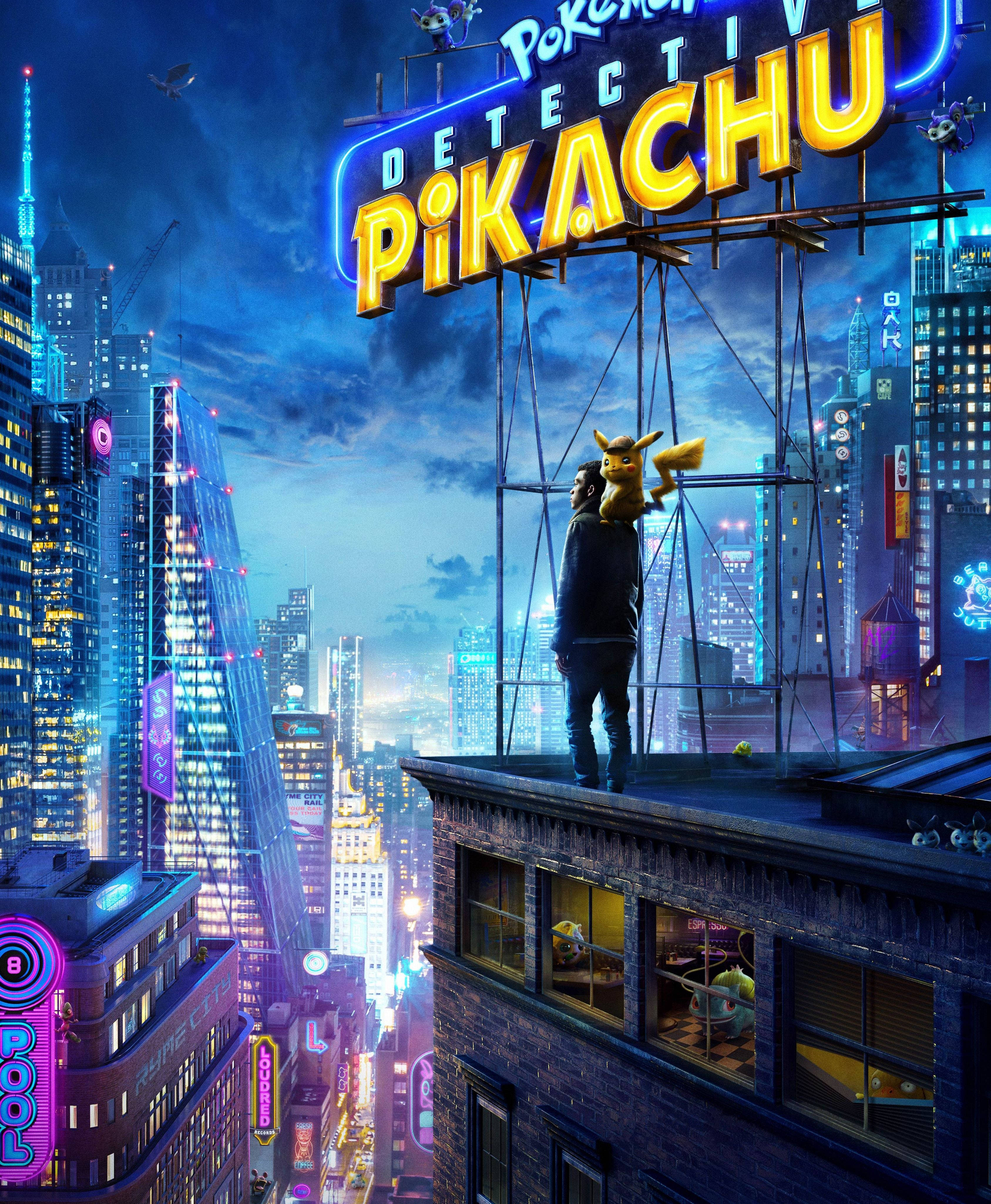 Detective Pikachu y hombre en la azotea Fondos de pantalla