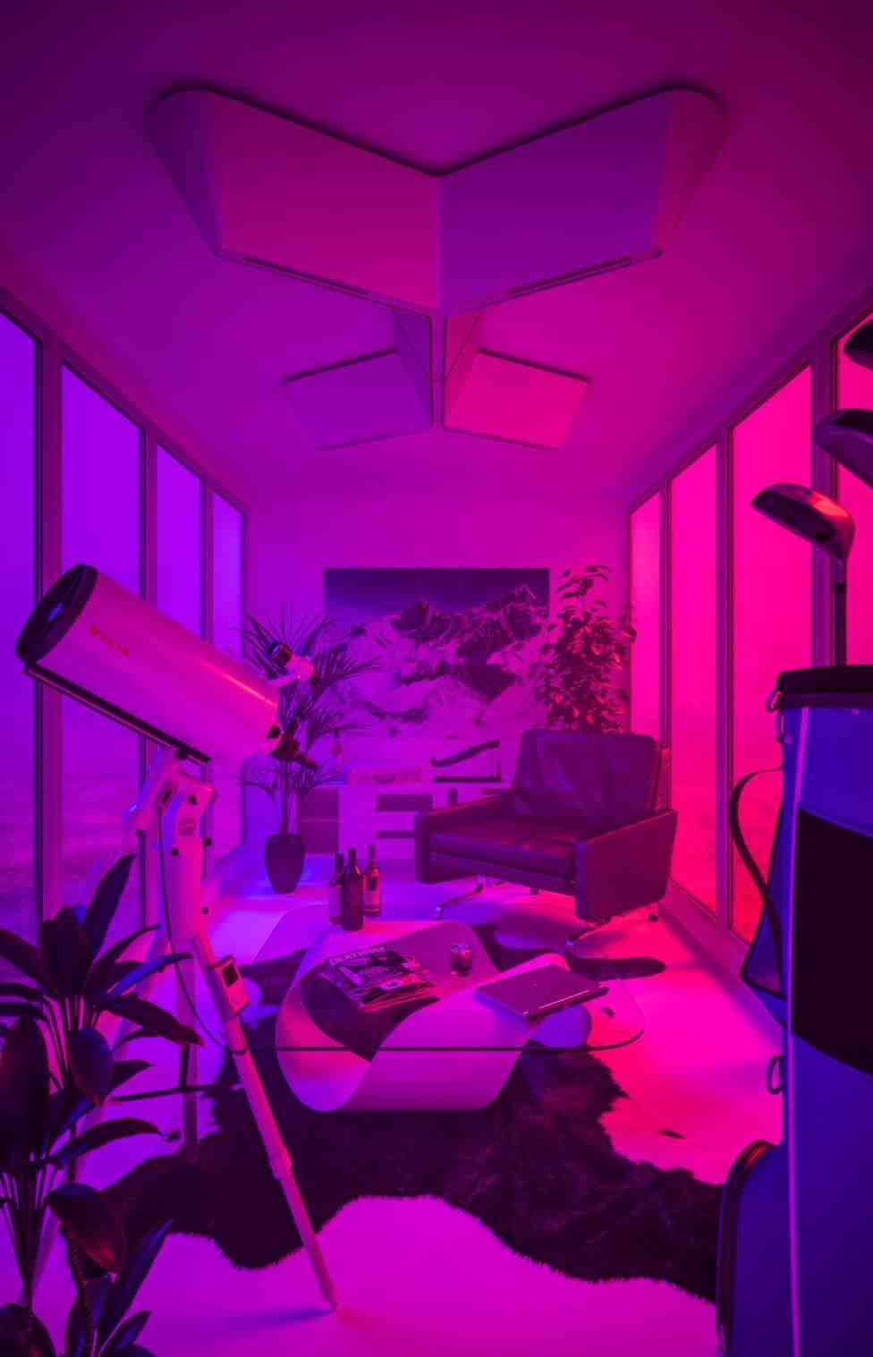 Disfruta el cálido resplandor neón del estilo retro chic con esta acogedora habitación de estética púrpura. Fondos de pantalla
