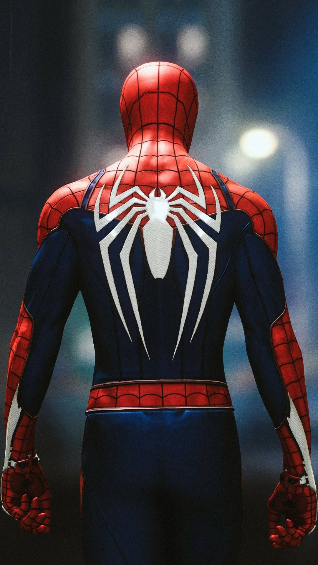 Spiderman superhéroe de Marvel de espaldas mostrando el logo de araña blanco.