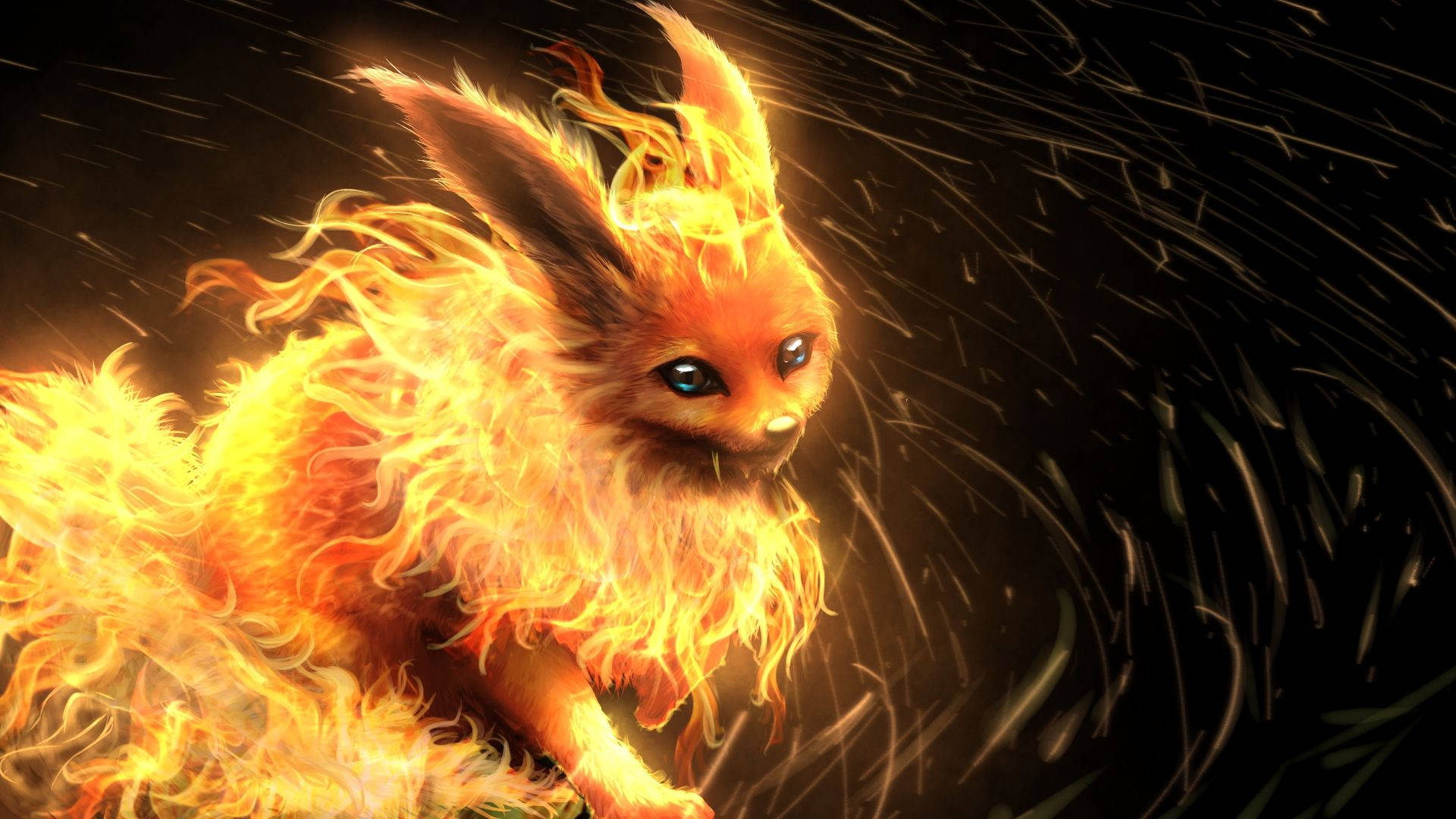 Fondo de pantalla de Pokémon real Flareon con pelaje de fuego.