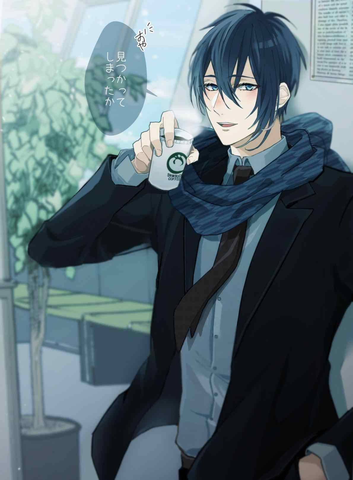 Fondo de pantalla de atractivo chico anime con café caliente