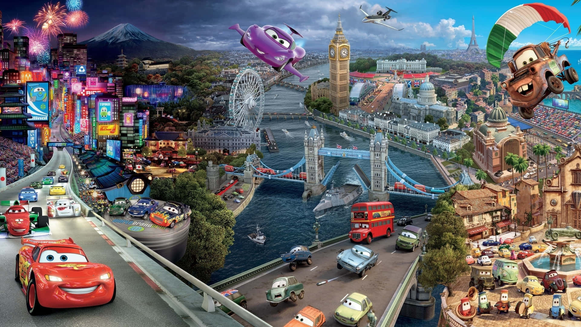 disney cars - una ciudad con muchos autos volando por todos lados Fondos de pantalla