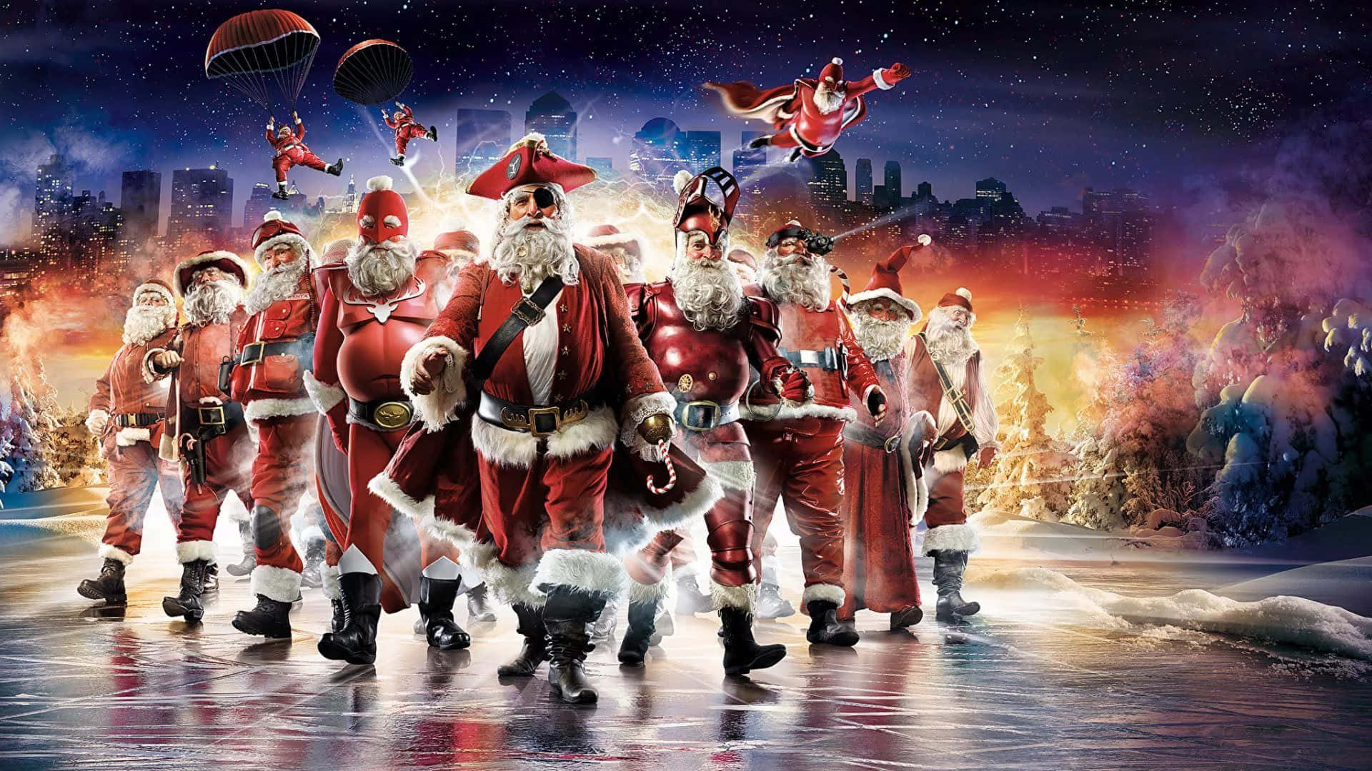 Divertido Santa Claus montando un reno en un día nevado Fondos de pantalla
