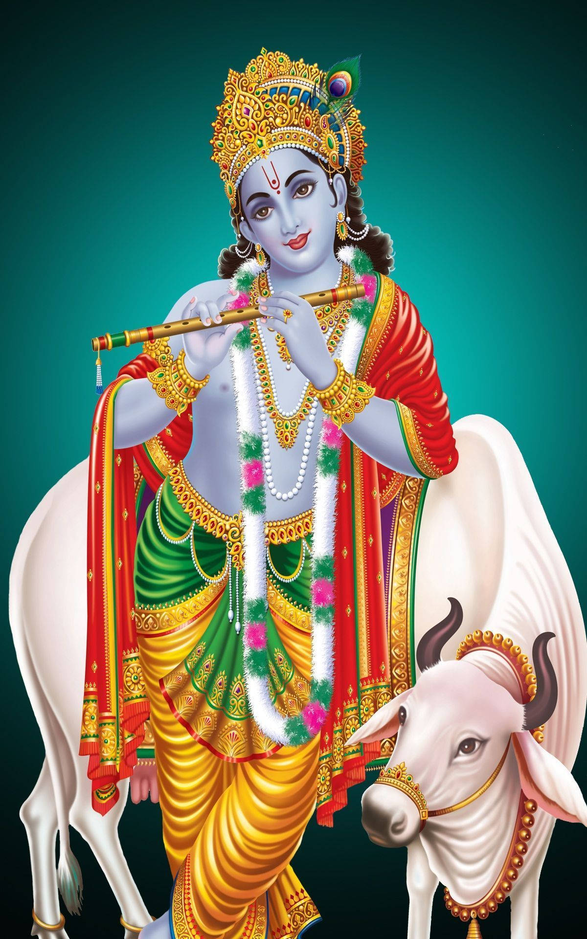 Divino Krishna con Vaca Sagrada - Fondo de Pantalla para Móvil Fondos de pantalla