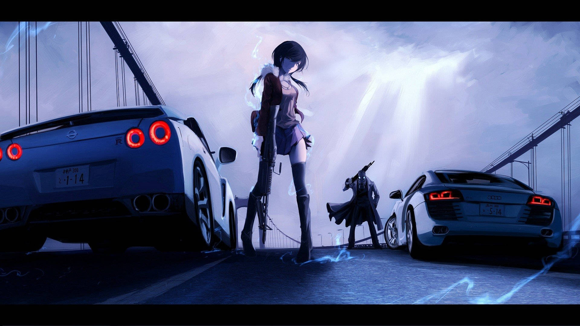 Dos autos anime en un puente Fondos de pantalla