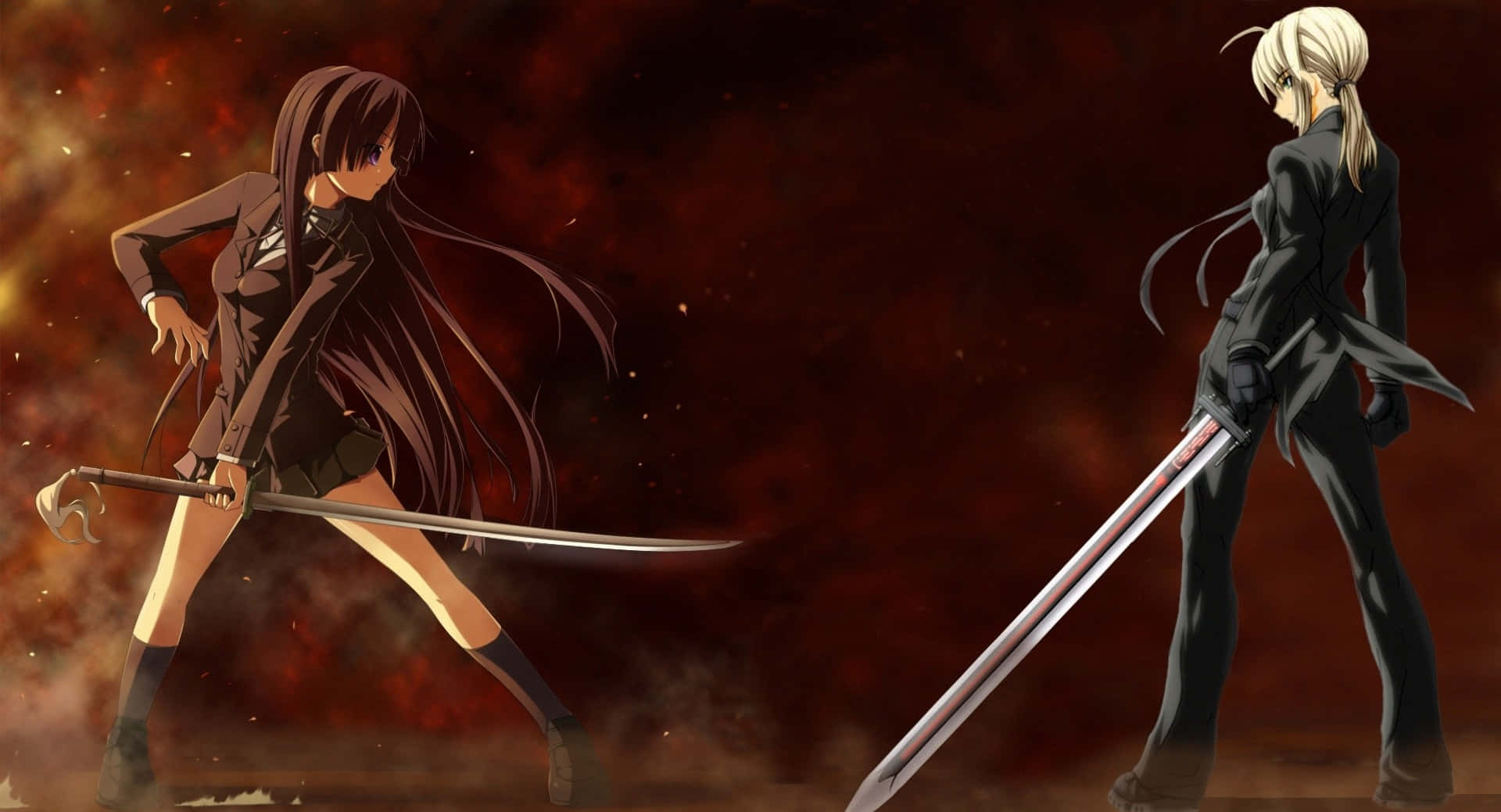 dos chicas anime con espadas frente a un fuego Fondos de pantalla
