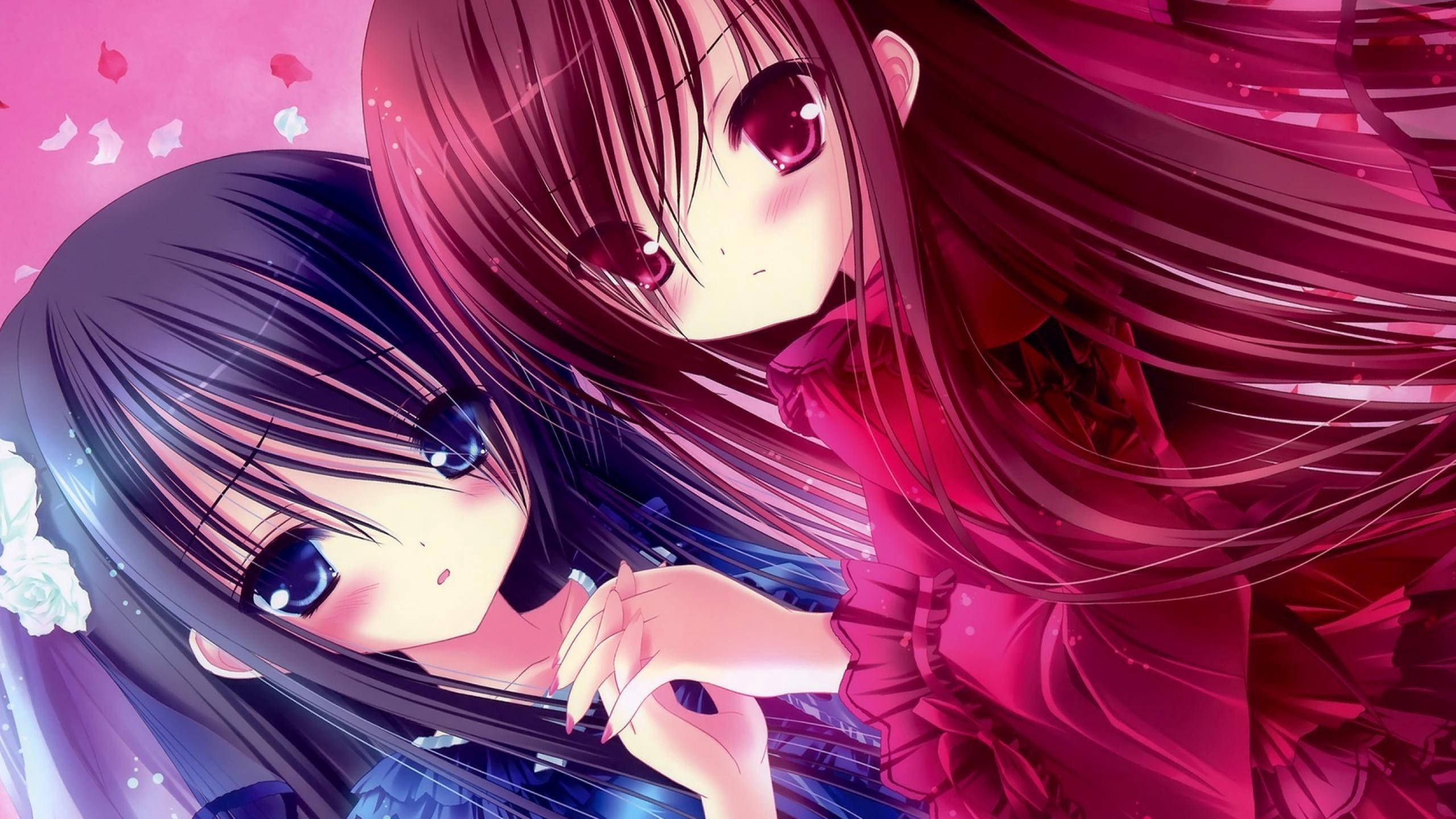 Dos Chicas Anime Kawaii Azul y Rojo Fondos de pantalla