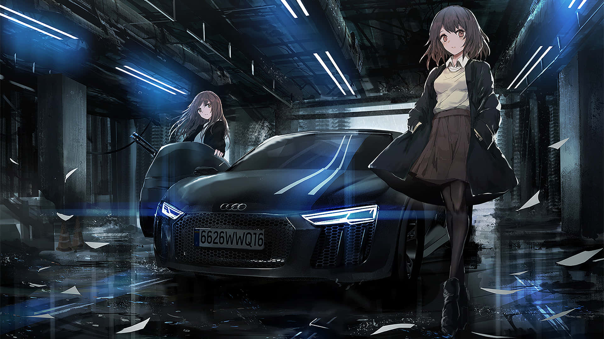 dos chicas anime junto a un auto Fondos de pantalla