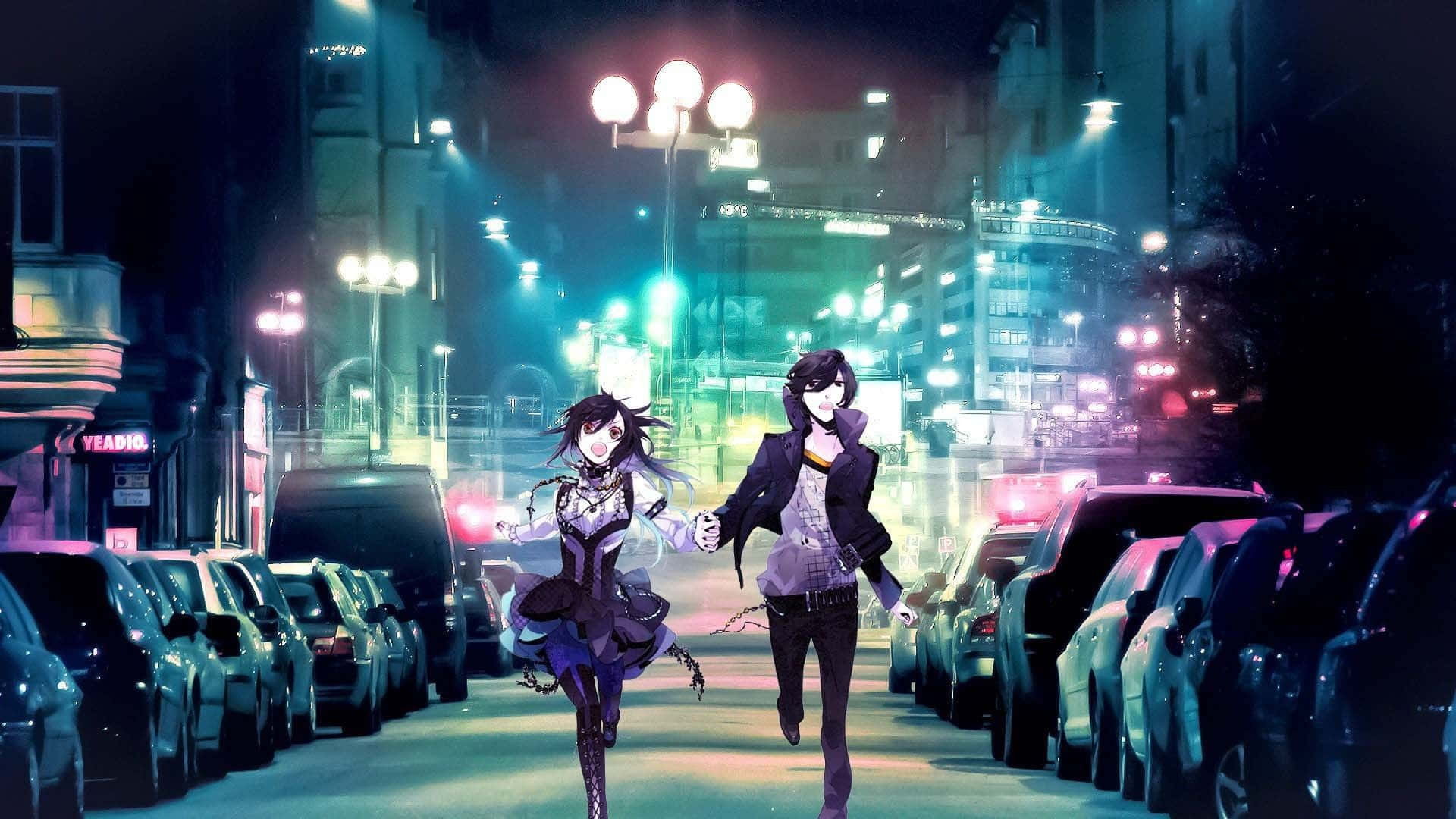 dos chicas de anime caminando por una calle de noche Fondos de pantalla