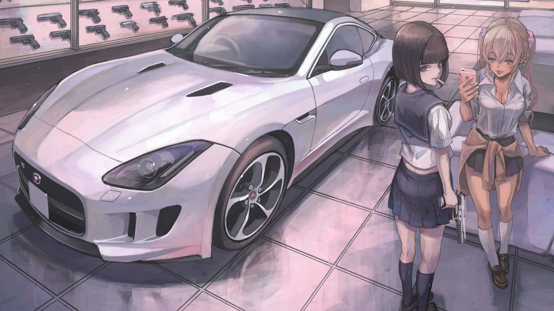 dos chicas junto a un auto deportivo blanco Fondos de pantalla