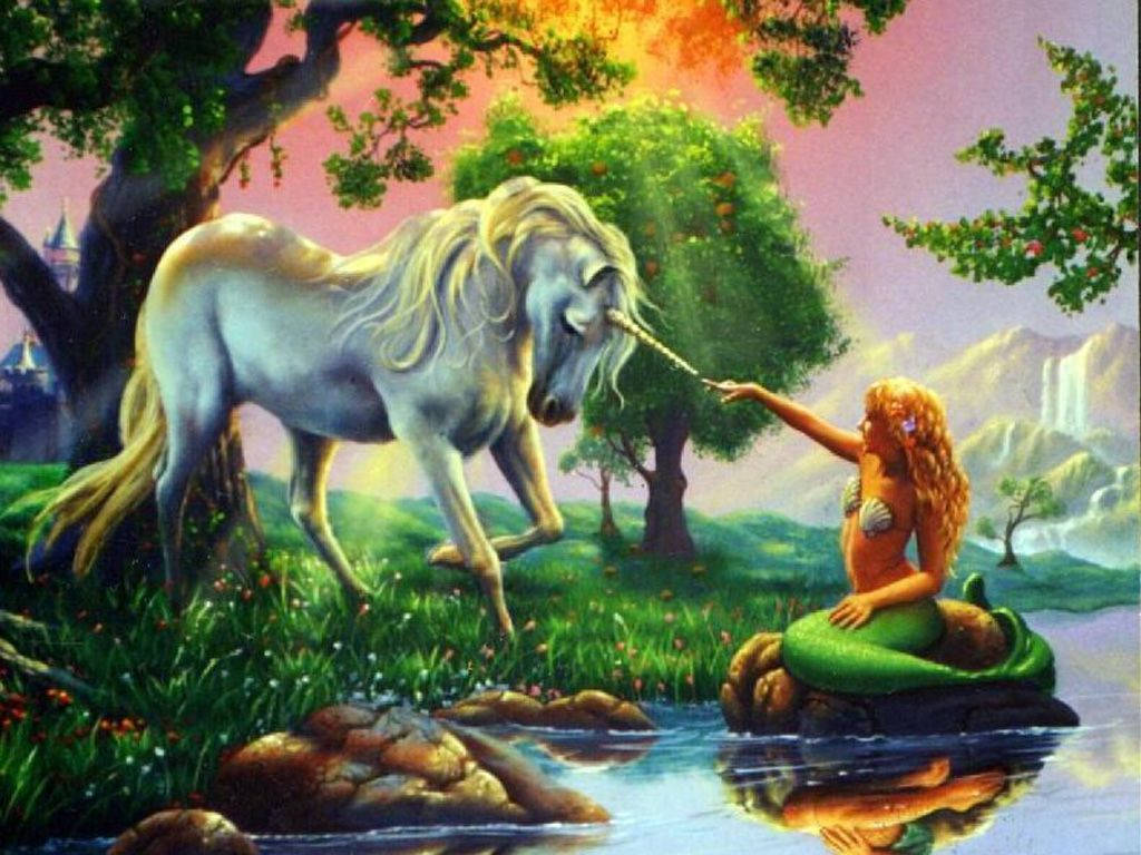 Dos criaturas mágicas de leyenda, la sirena y el unicornio, se unen en el bosque encantado. Fondos de pantalla