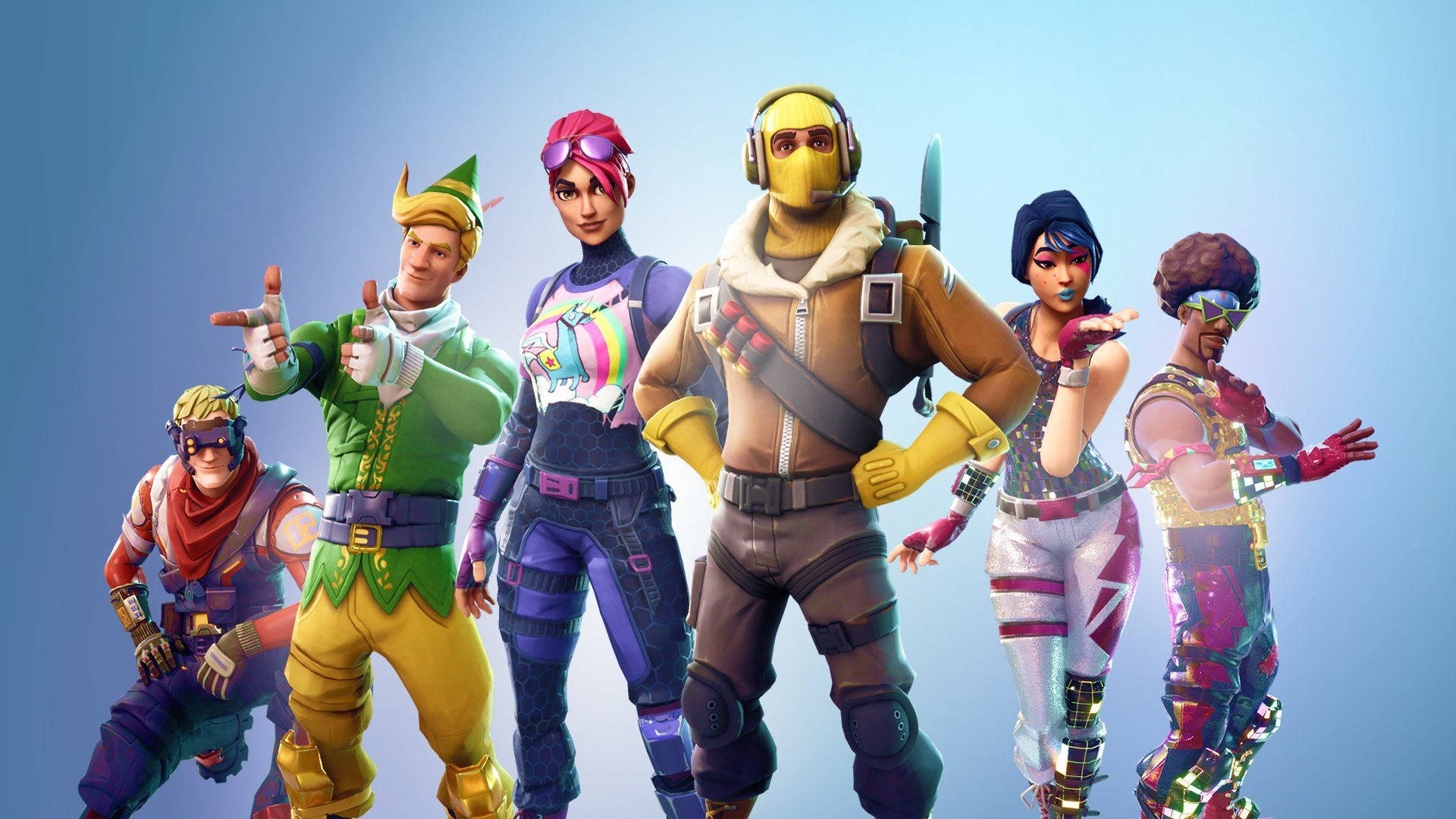 6 personajes de Fortnite en fondo azul ombré HD wallpaper.