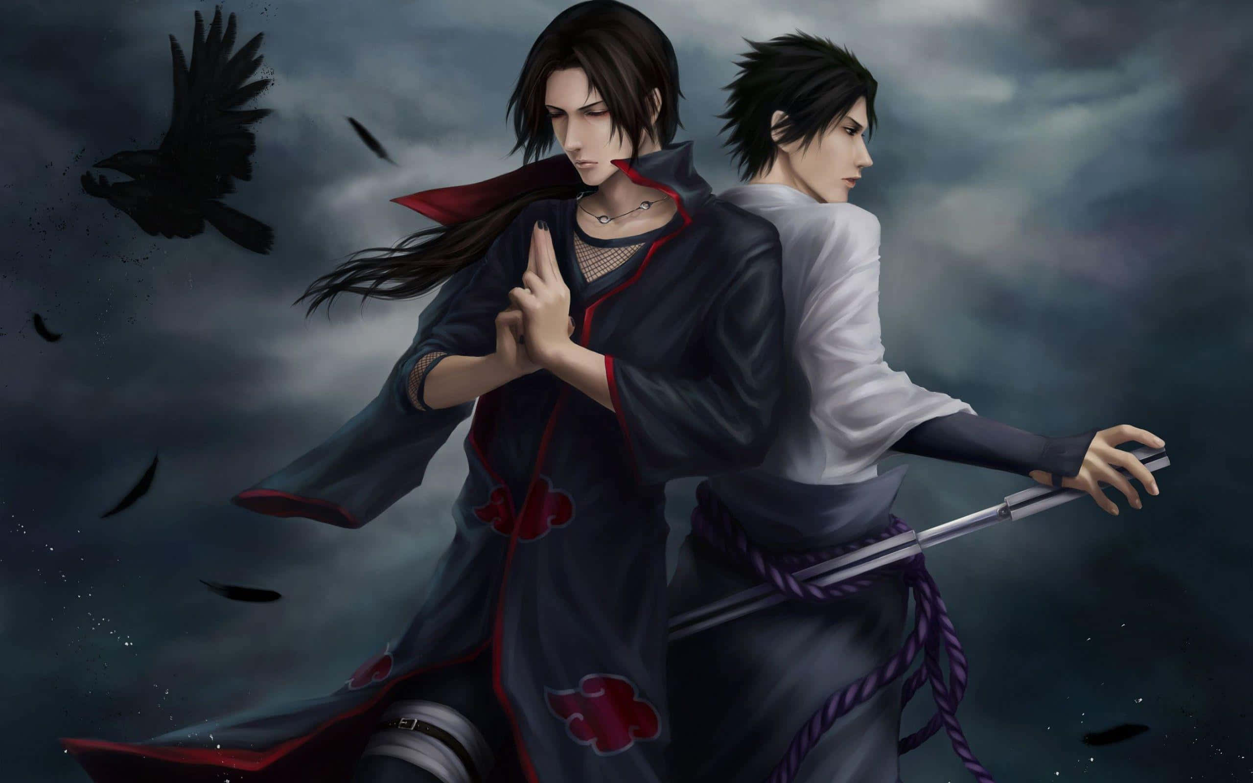 dos personajes de anime de pie en la oscuridad con espadas Fondos de pantalla