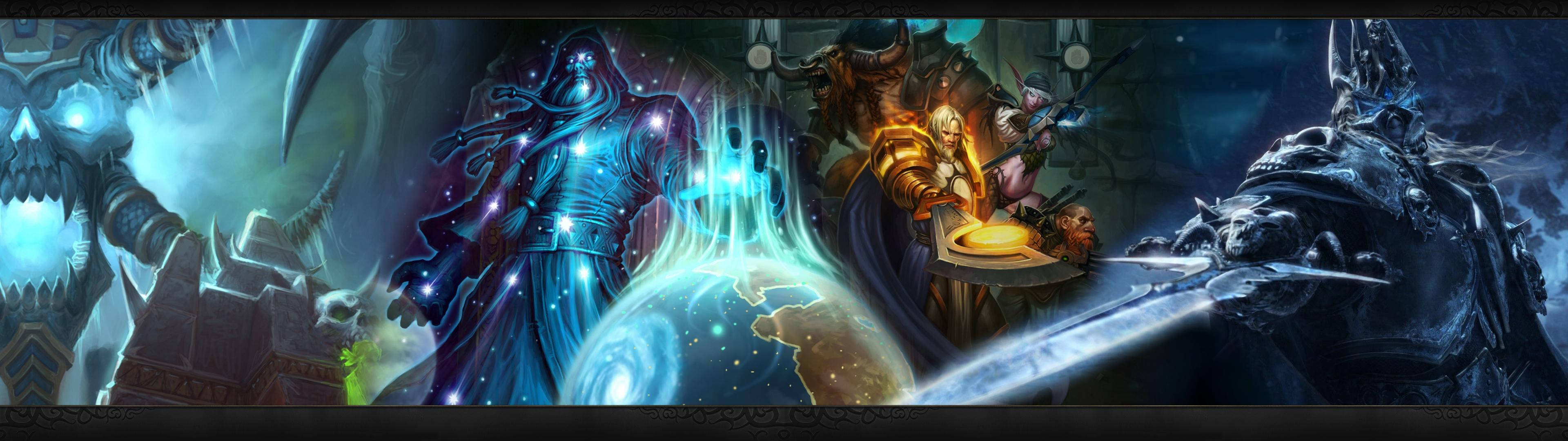 Personajes de WoW en diferentes escenarios fondo de pantalla dual