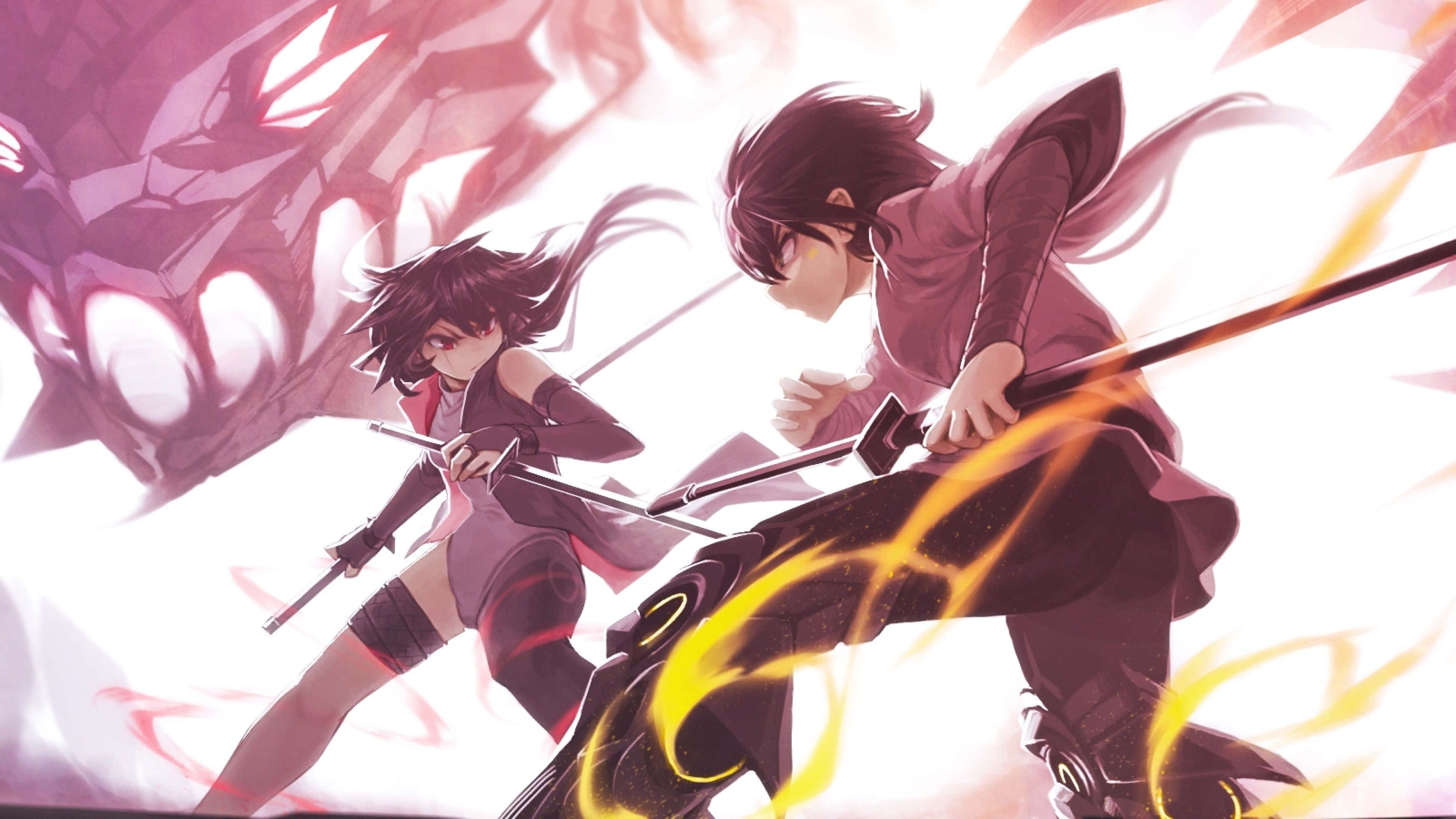 dos personajes de anime con espadas frente a un dragón Fondos de pantalla