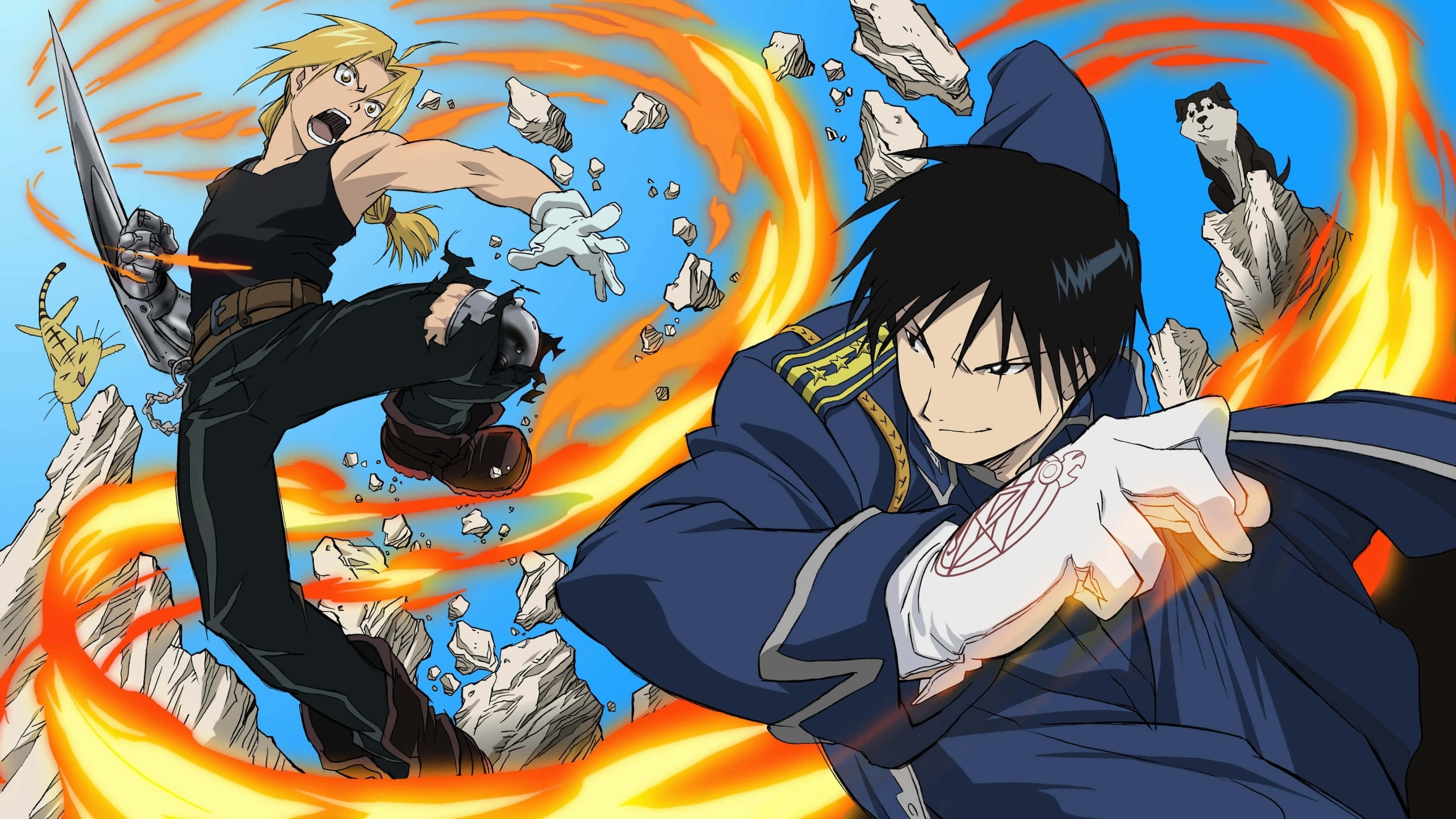 dos personajes de anime peleando con fuego Fondos de pantalla