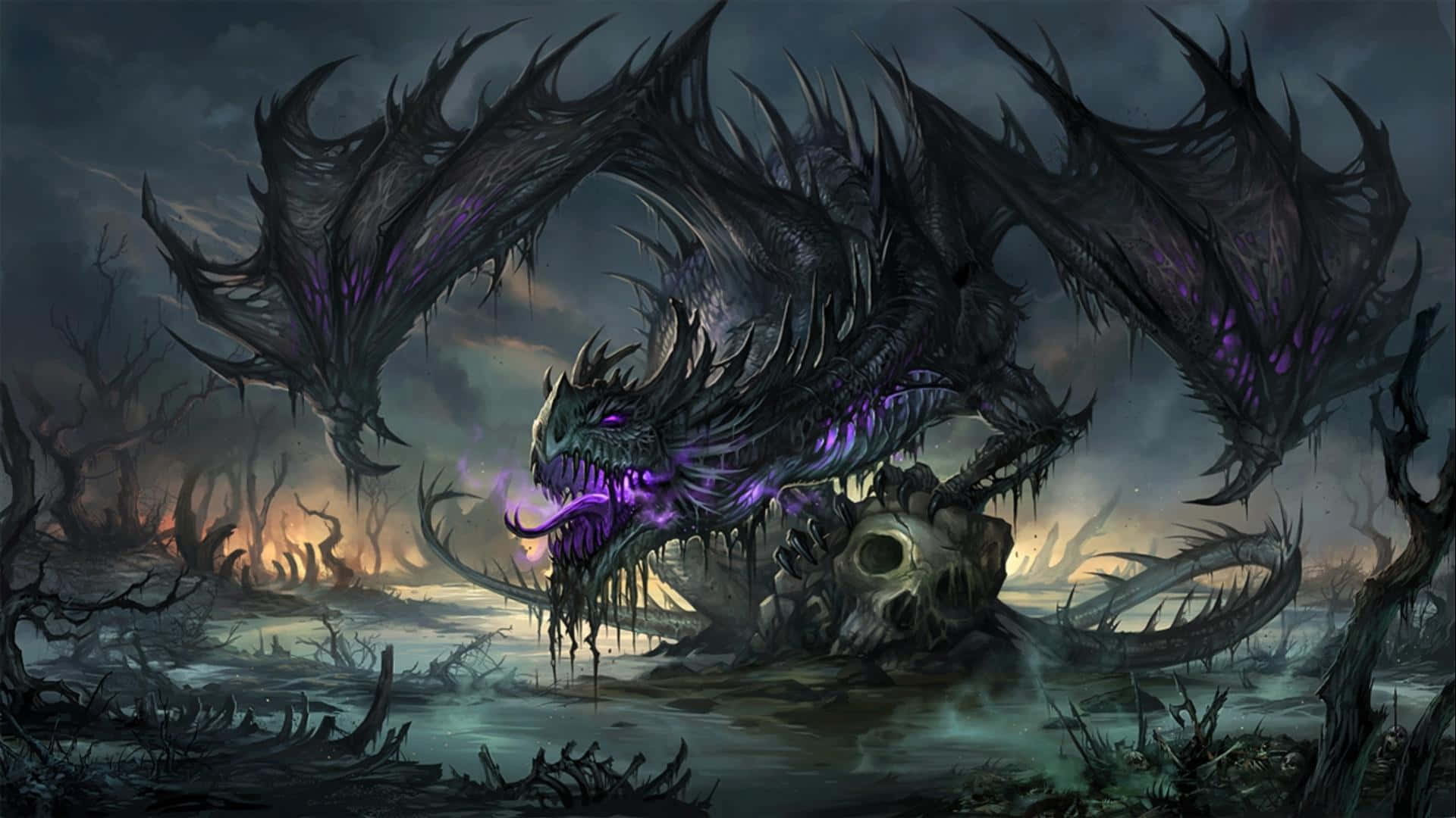 Dragón aterrador en un lago oscuro Fondos de pantalla