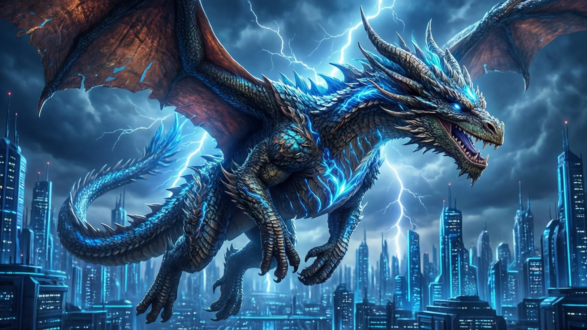 Dragón azul neón sobre la ciudad Fondos de pantalla