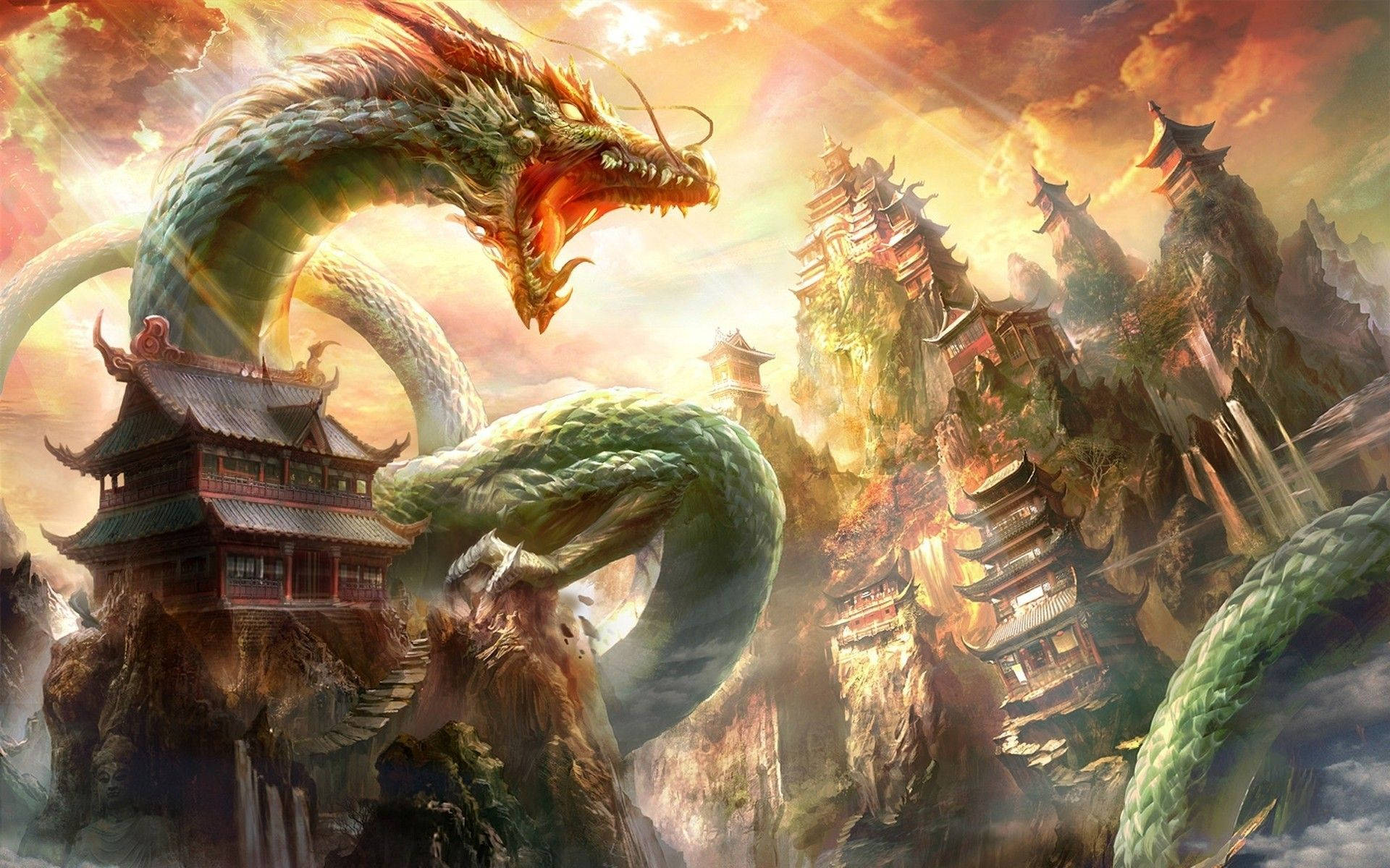 Dragón japonés en PC sobre templos y colinas Fondos de pantalla