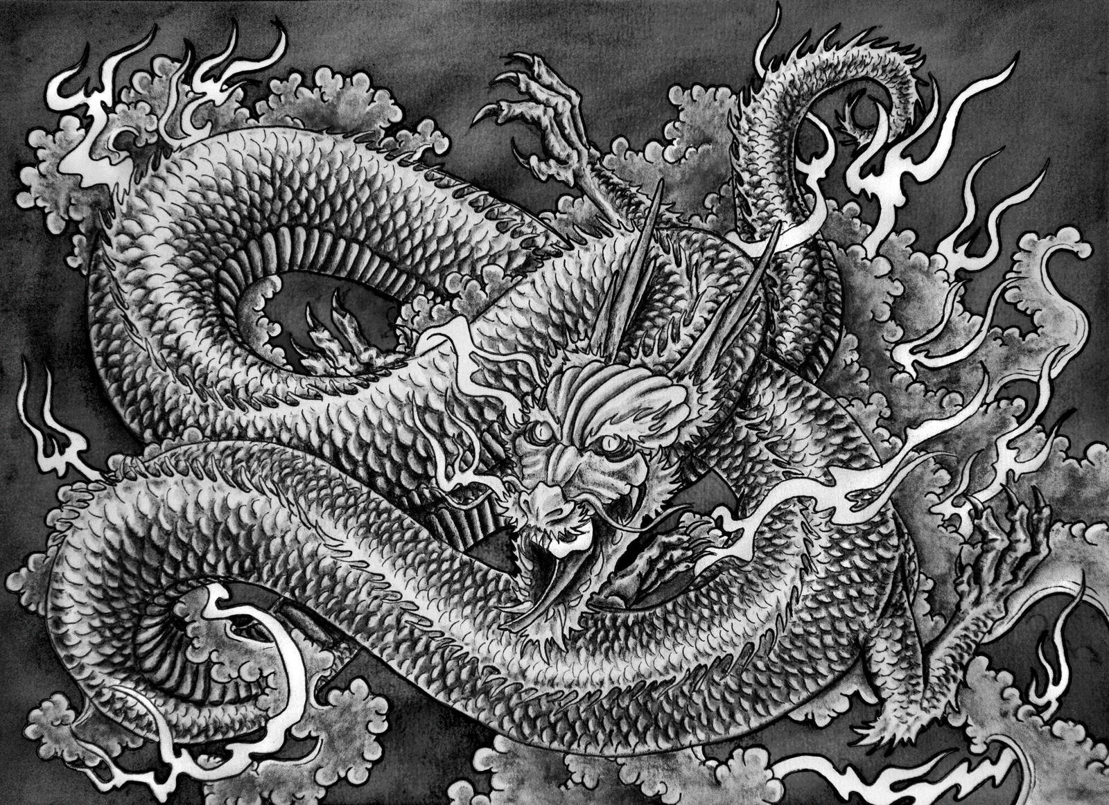 Dragón Japonés PC Boceto en Blanco y Negro Fondos de pantalla