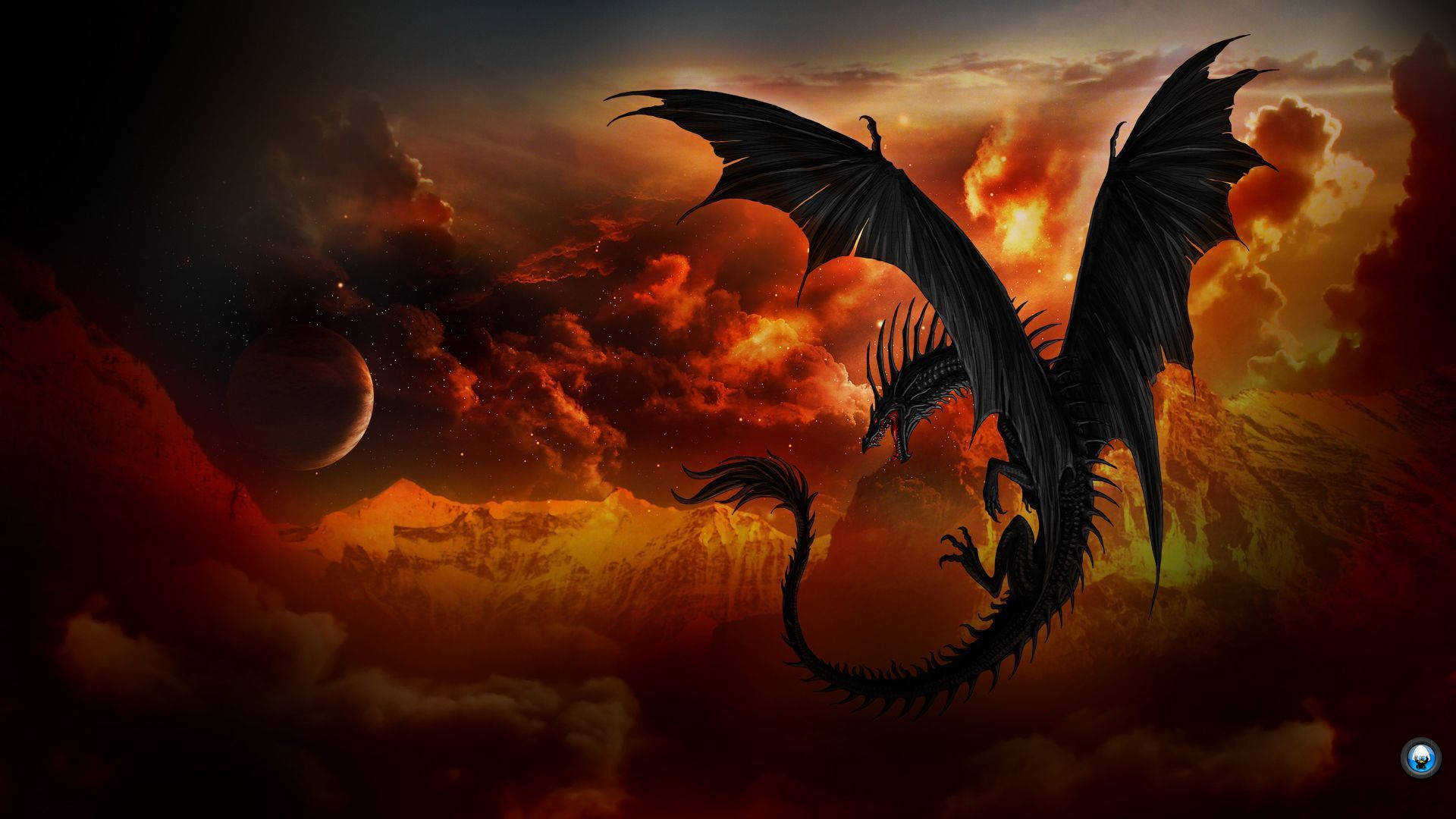 Dragón japonés y volcán en erupción bajo cielo rojo para PC Fondos de pantalla