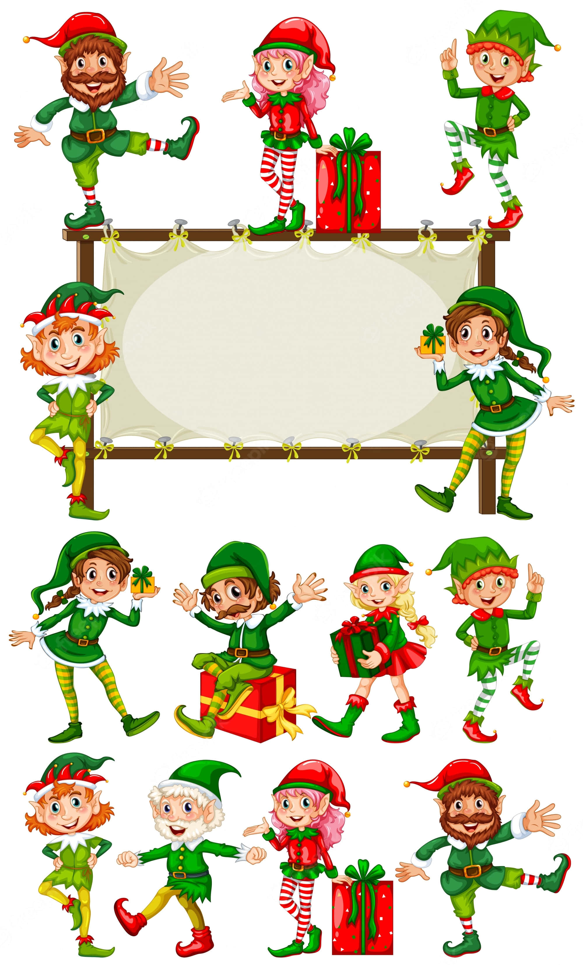 Duendes navideños alegres preparándose para la temporada festiva Fondos de pantalla
