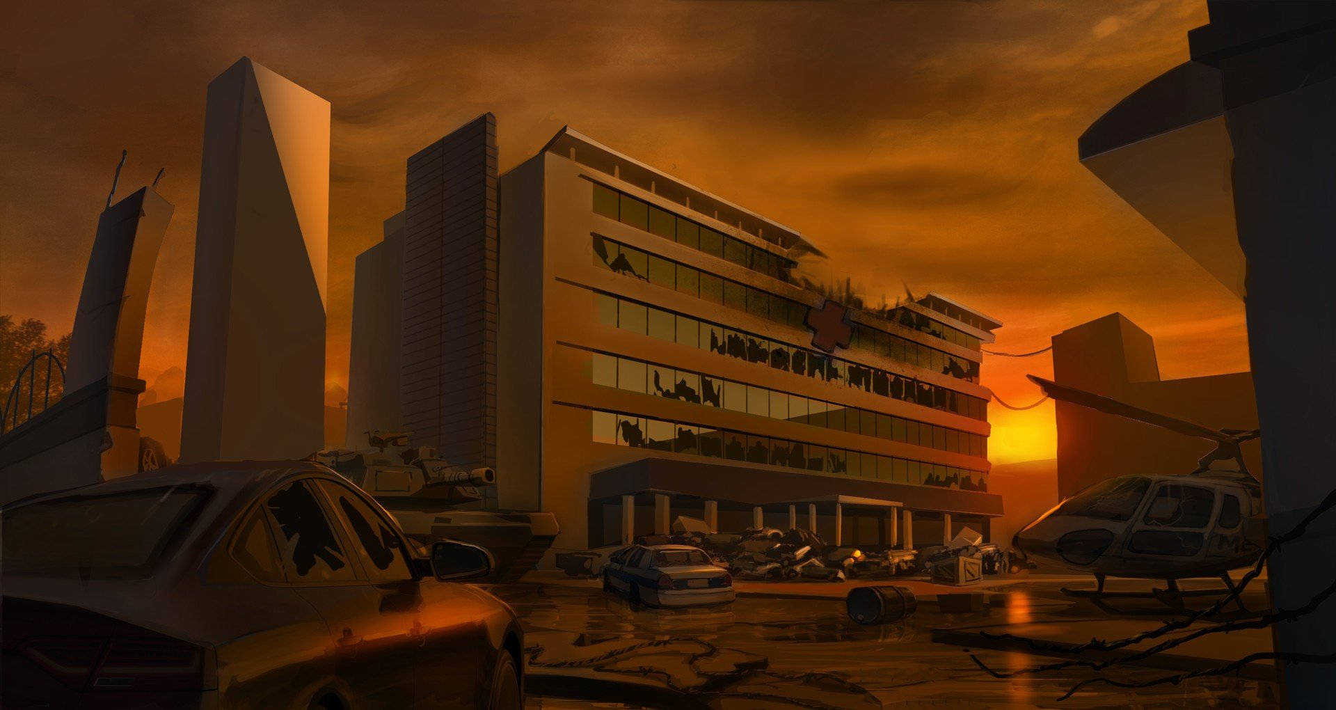 Edificio de hospital abandonado en entorno distópico Fondos de pantalla