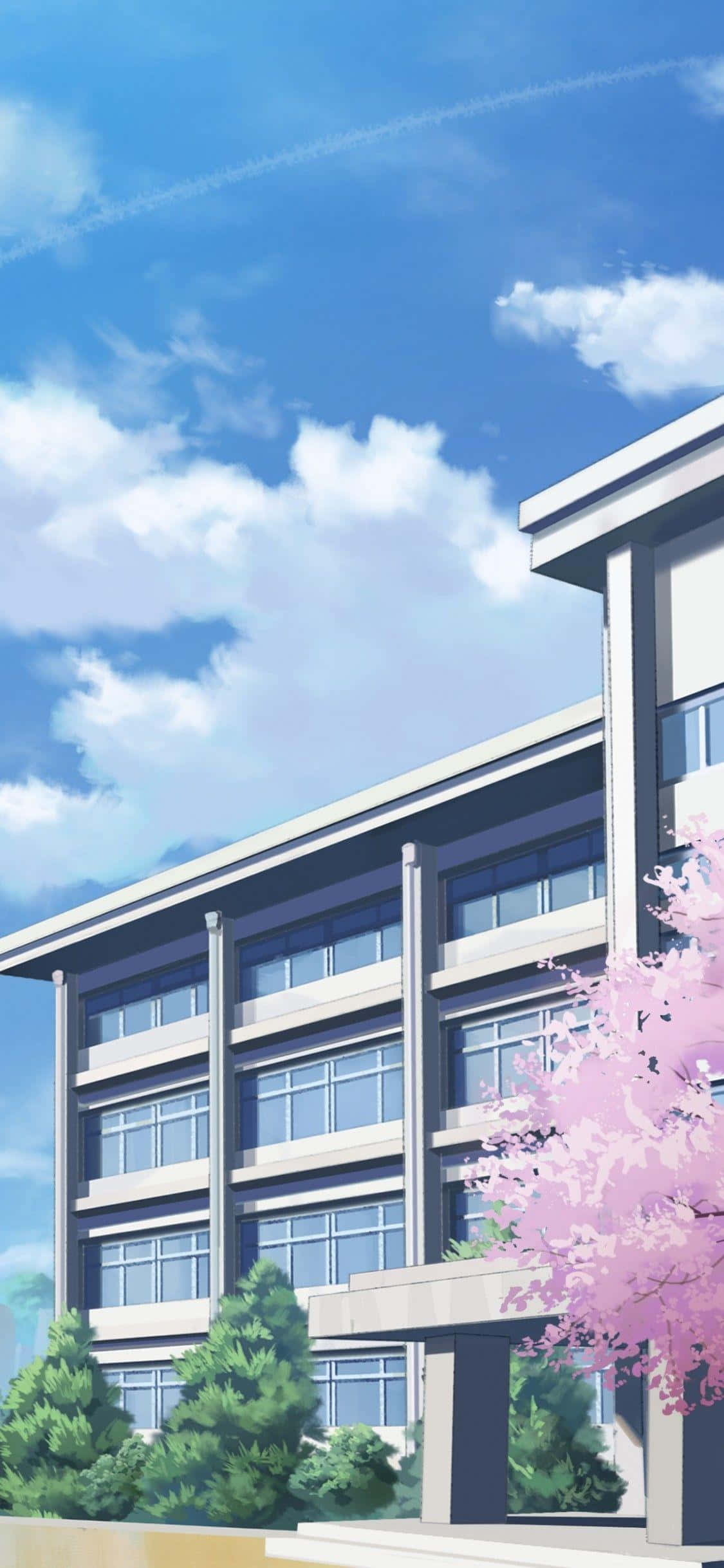 Edificio escolar de anime con sakura Fondos de pantalla