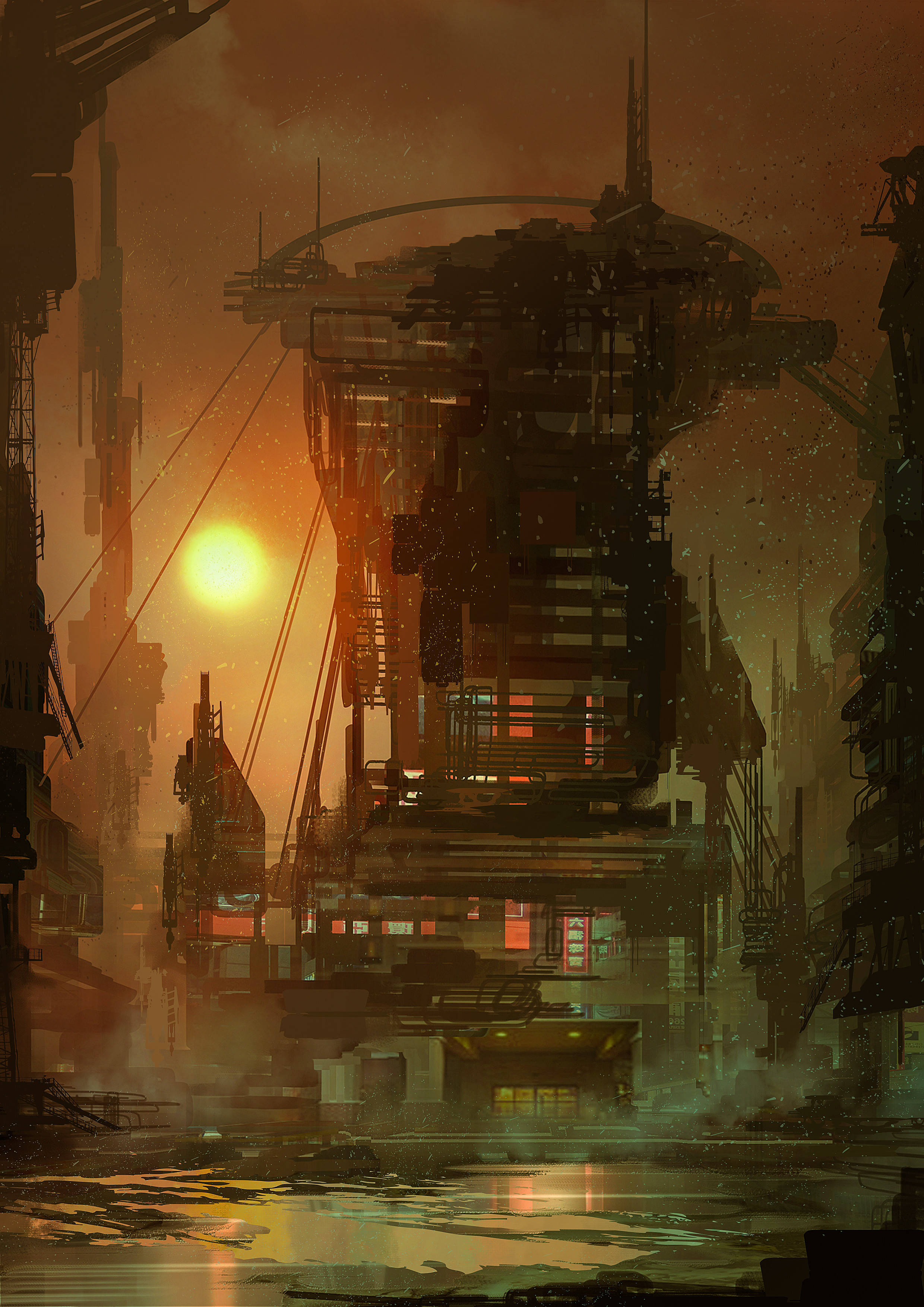 Edificio Steampunk Iluminado al Atardecer Fondos de pantalla