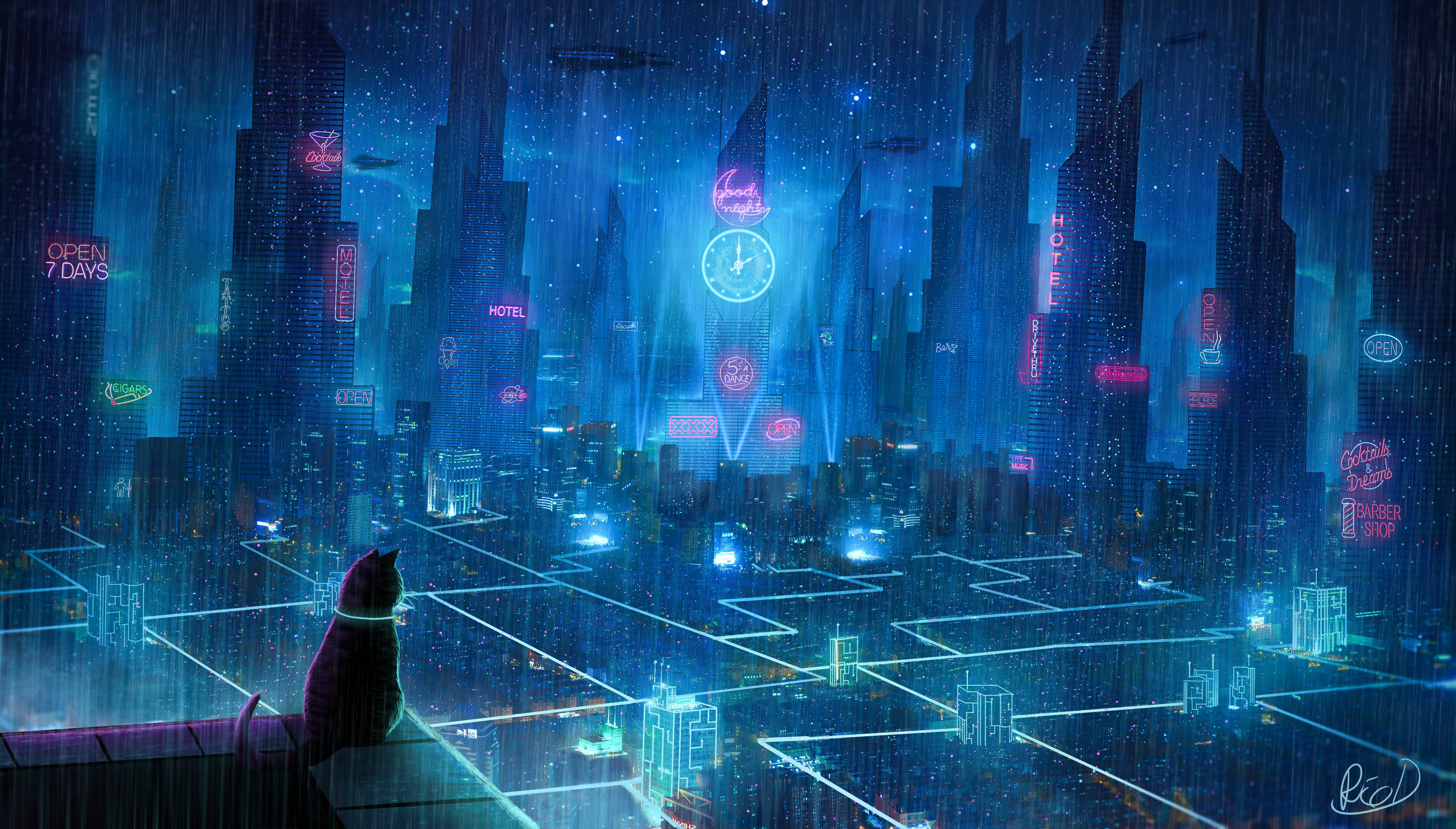 Edificios de la ciudad de noche anime 4K Fondos de pantalla