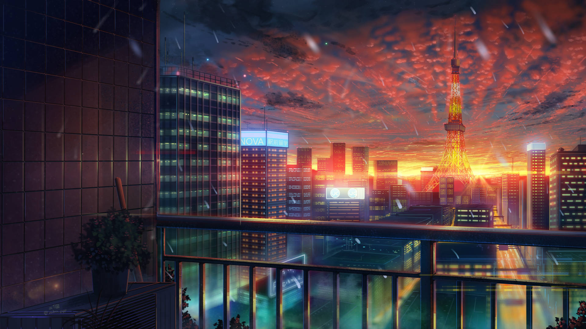 Fondo de pantalla anime 4k de edificios de la ciudad al atardecer