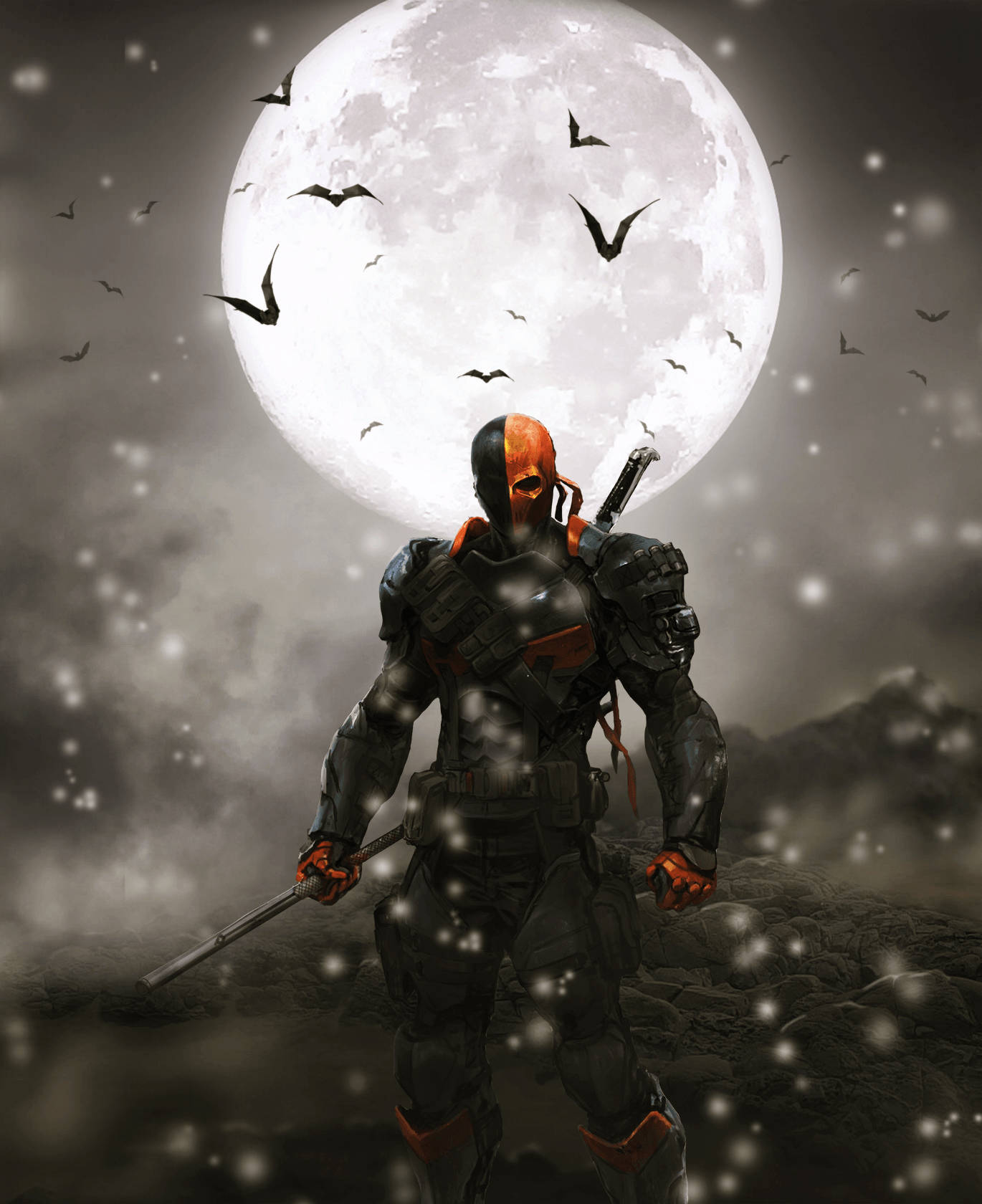 El amenazante Deathstroke apunta en medio de un campo de batalla cósmico. Fondos de pantalla
