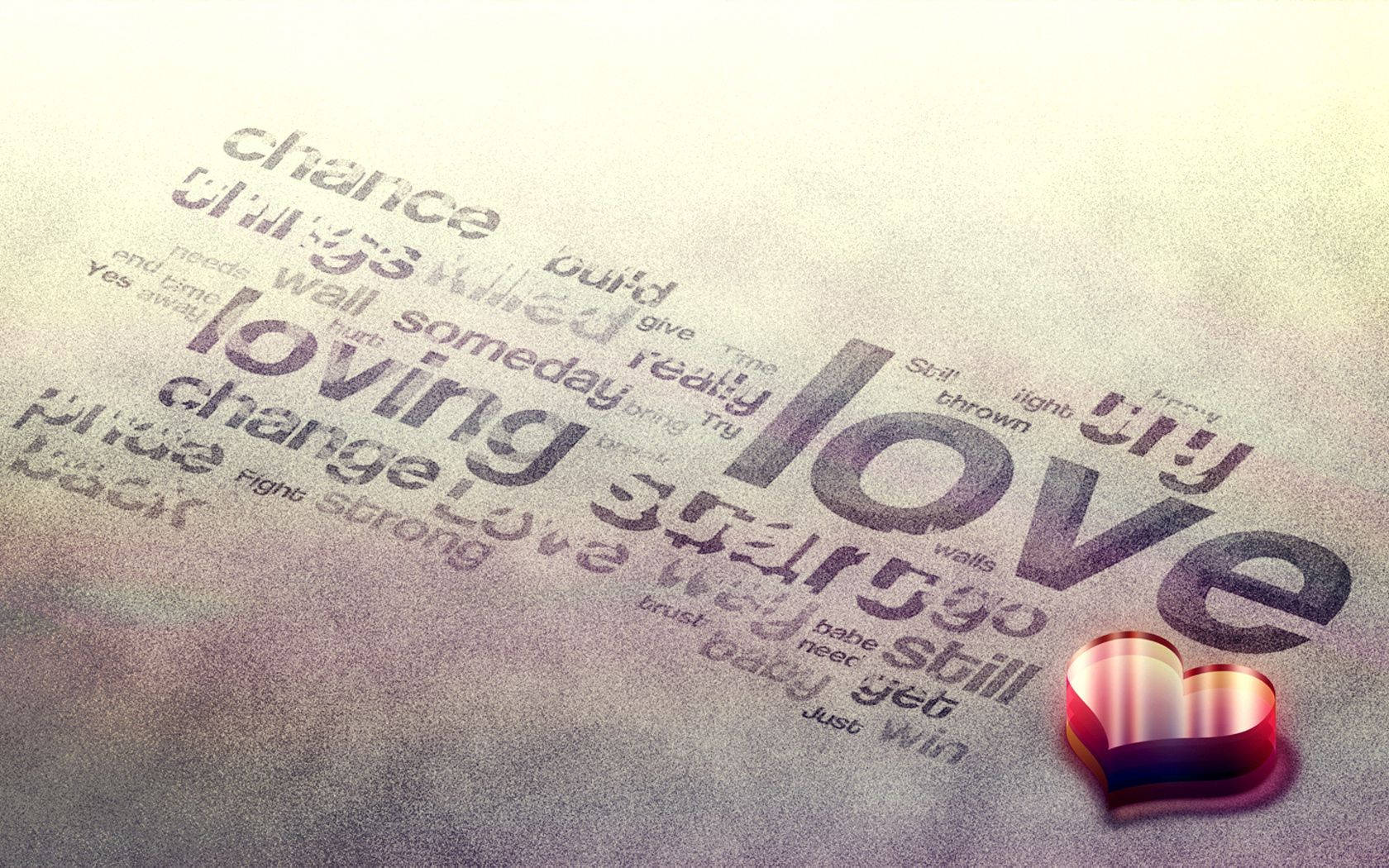 Diferentes palabras de amor como 'amando' escritas sobre una superficie gris con un corazón rojo 3D brillante al lado.