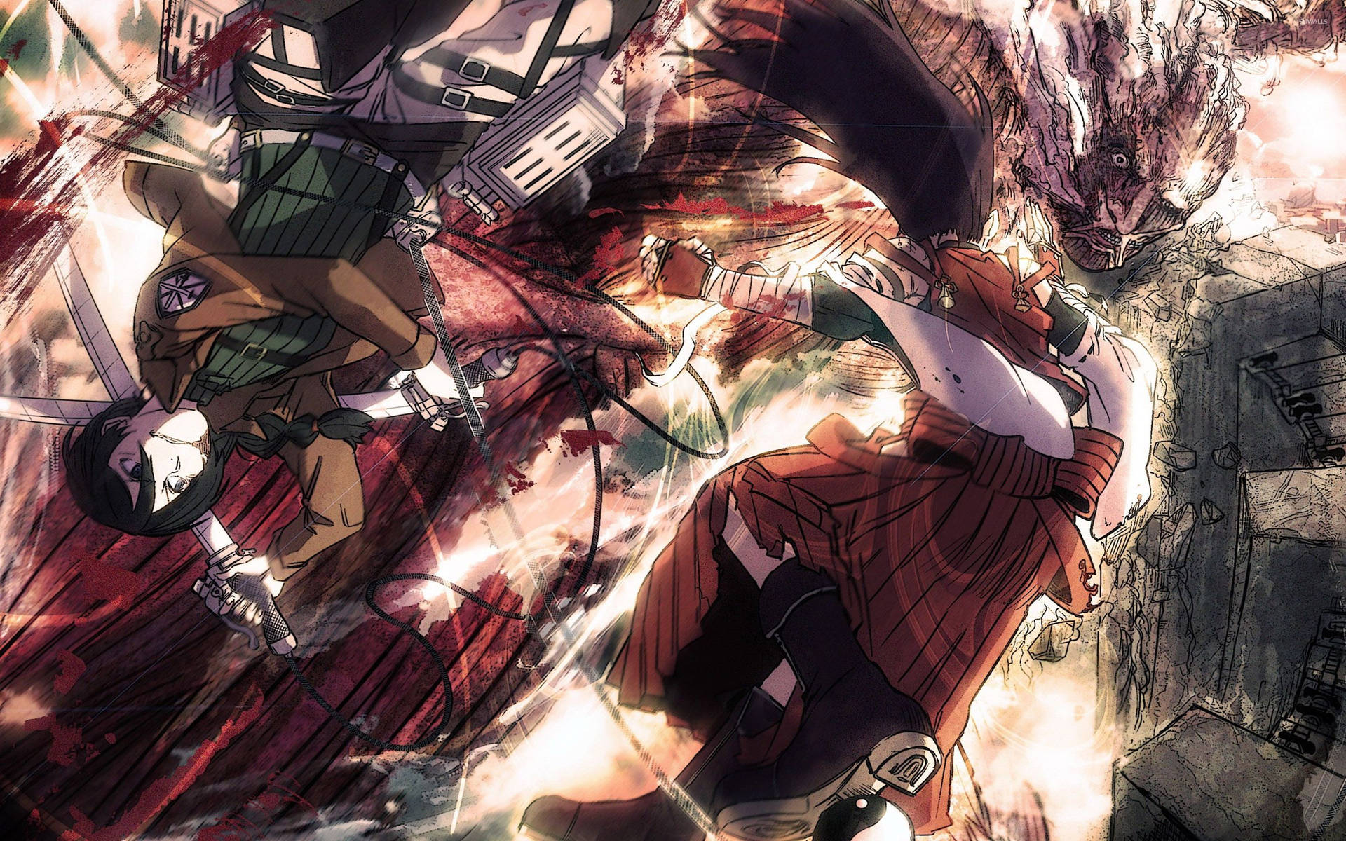 Mikasa Ackerman luchando contra el Titán Colosal que emite vapor en fondo de pantalla de fan art de Attack on Titan.