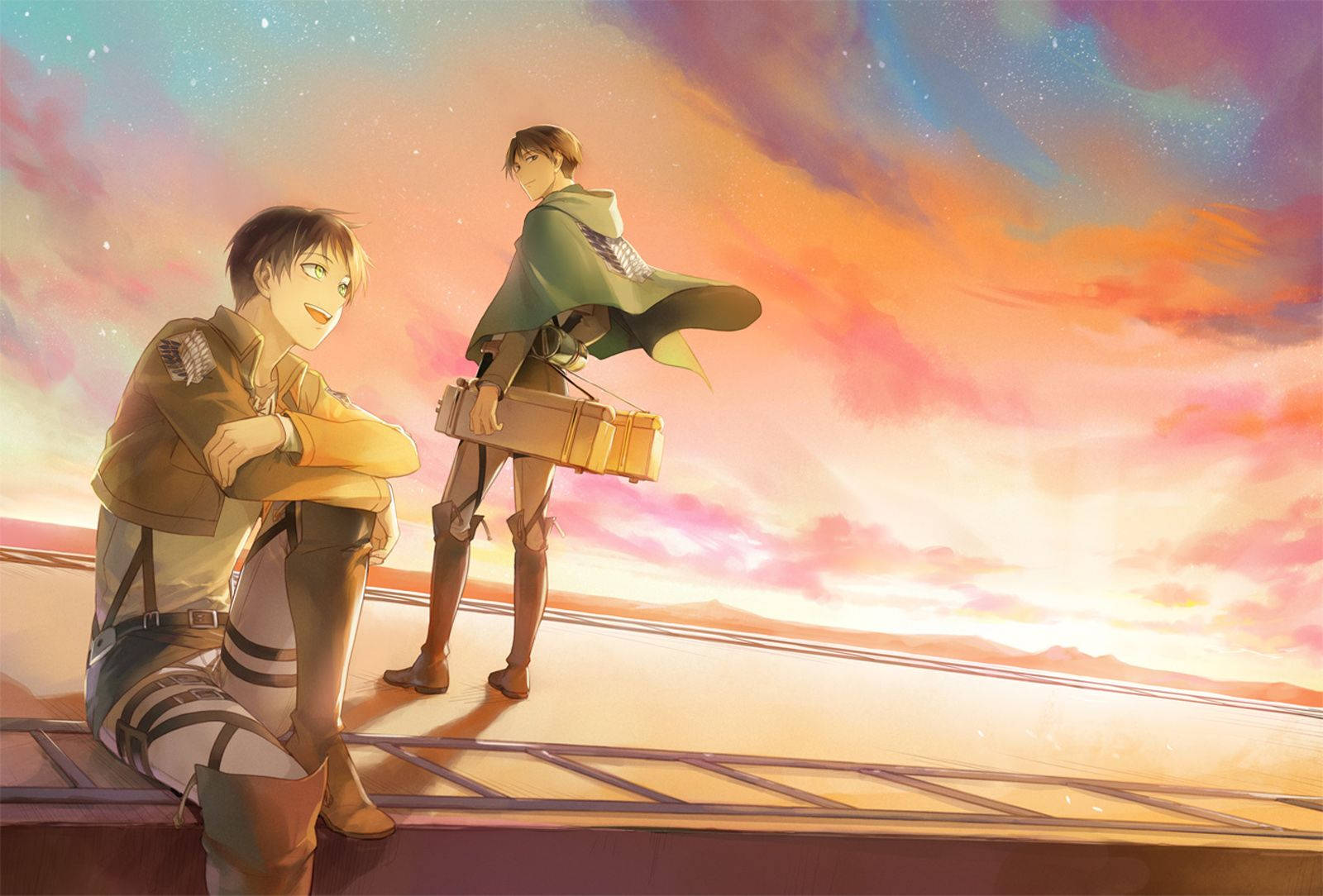 El dúo heroico, Eren y Levi, de Attack on Titan toman un momento en medio de una noche estrellada. Fondos de pantalla