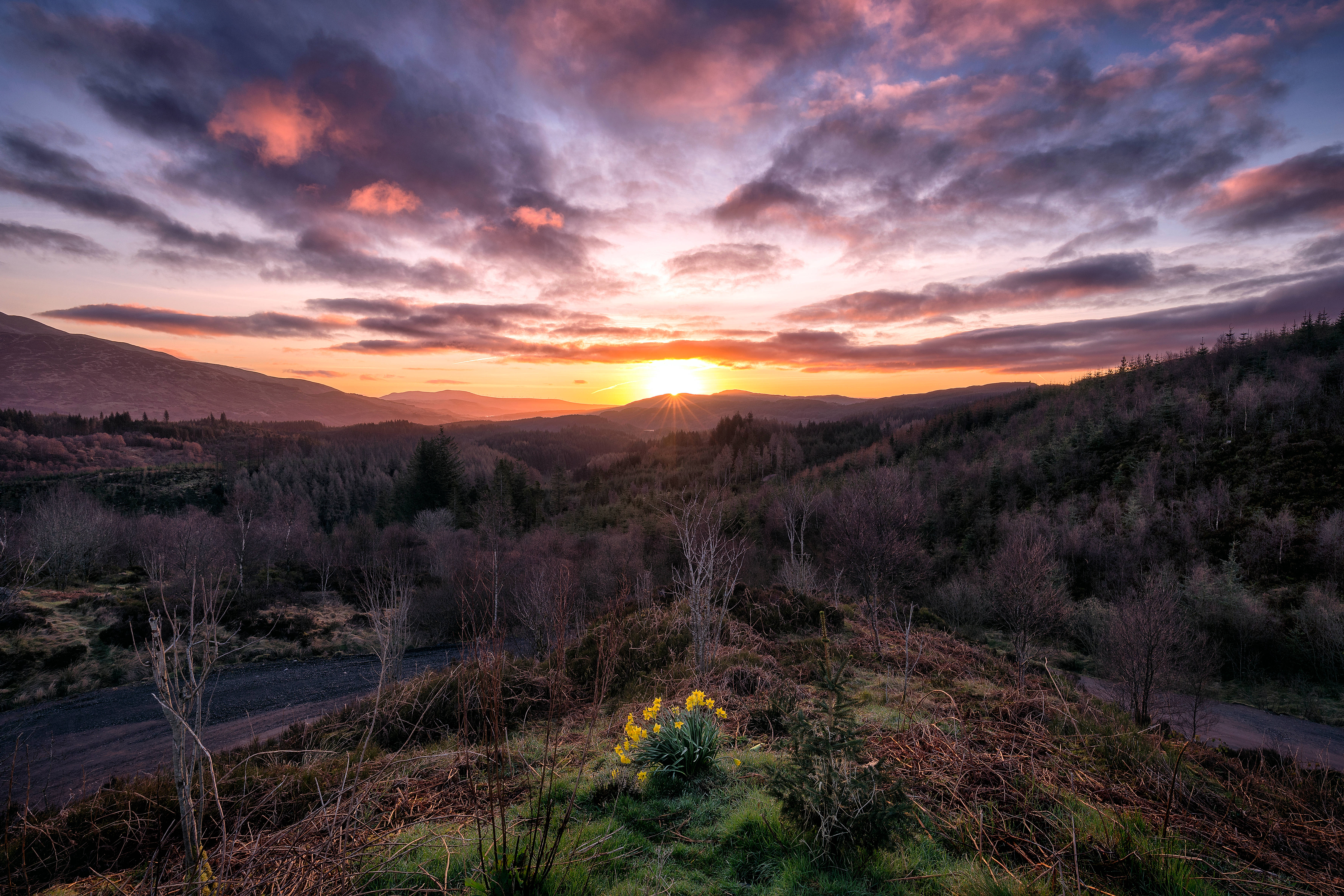 El encantador amanecer del Parque Trossachs en Escocia Fondos de pantalla