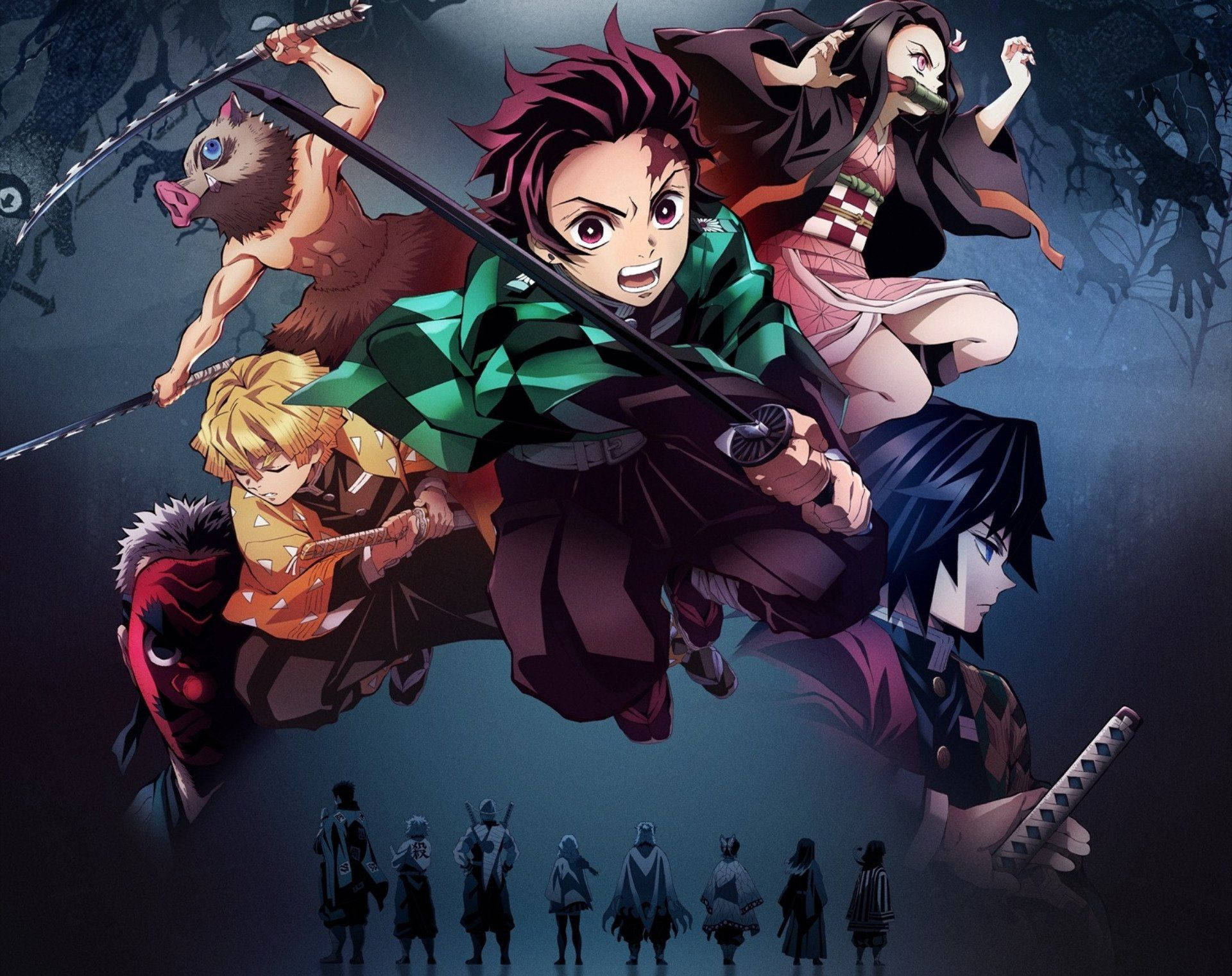 Fondo de pantalla de Demon Slayer de Tanjiro junto con Nezuko y los Hashiras.