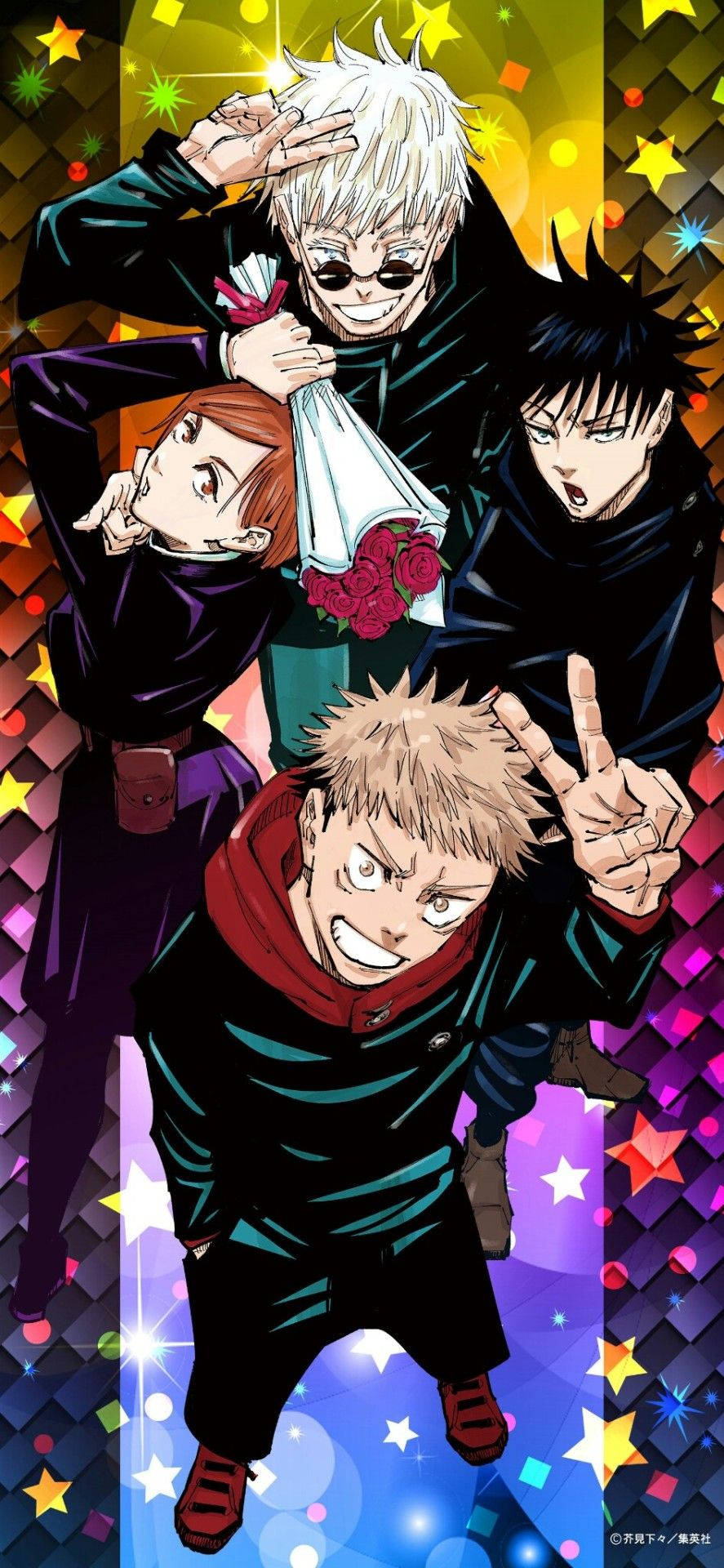 Fondo de pantalla de tres estudiantes de primer año del anime Jujutsu Kaisen.
