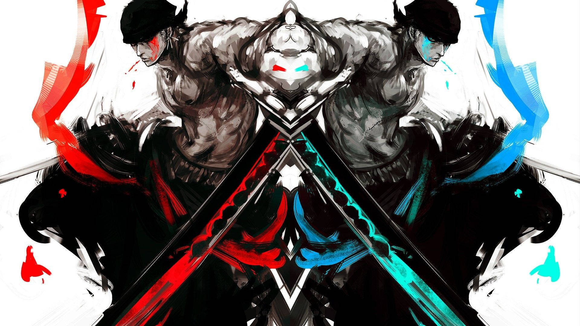 Zoro con pintura simétrica azul y roja en un wallpaper digital fanart de One Piece.