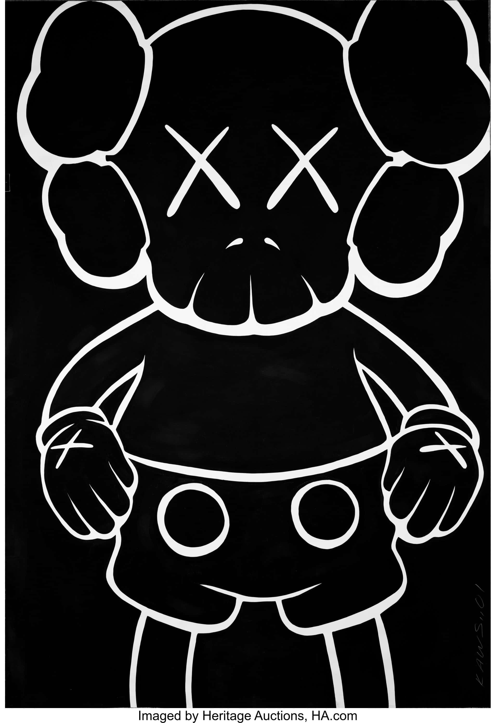 El icónico personaje KAWS Companion mirando hacia arriba contra un cielo azul Fondos de pantalla