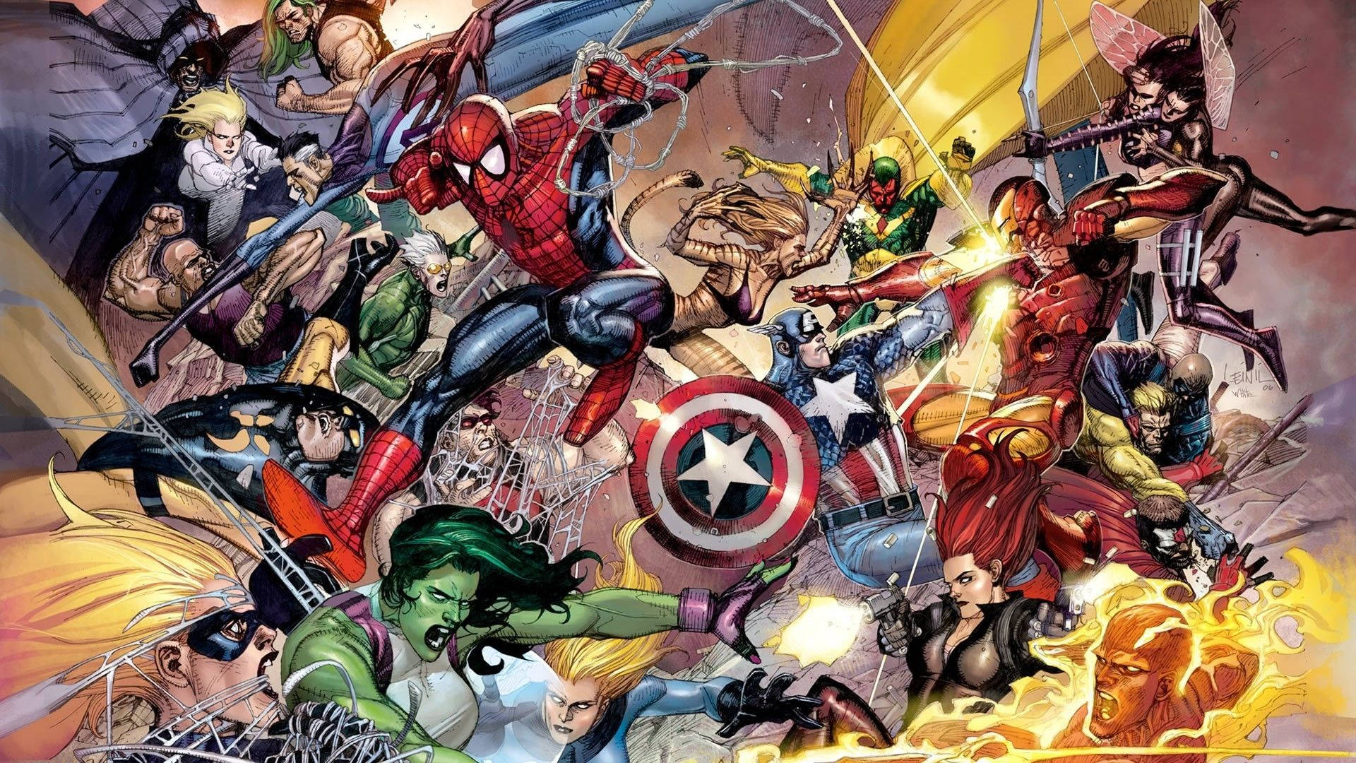 Superhéroes de cómics de Marvel en guerra con villanos.