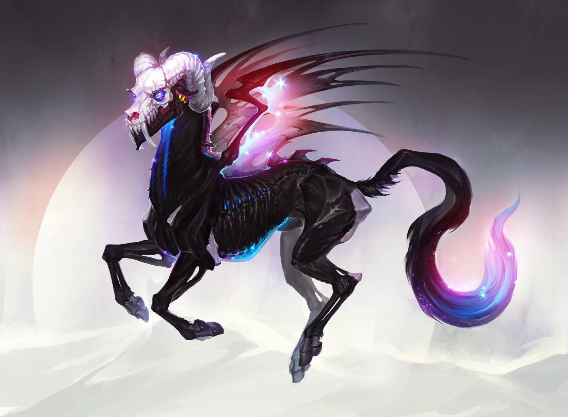 Esqueleto de unicornio caballo con cuerpo negro y cola brillante flotando en un espacio blanco.