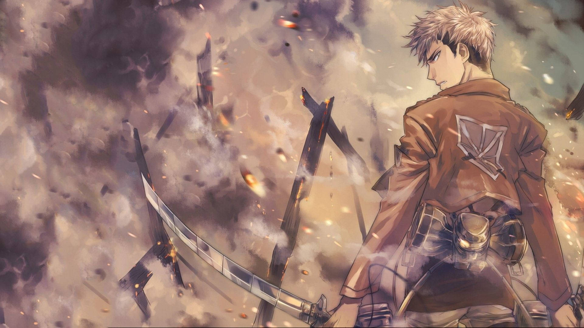 Jean Kirstein con su uniforme del cuerpo de entrenamiento en medio de humo ondulante en un fondo de pantalla de arte fan de Attack On Titan.