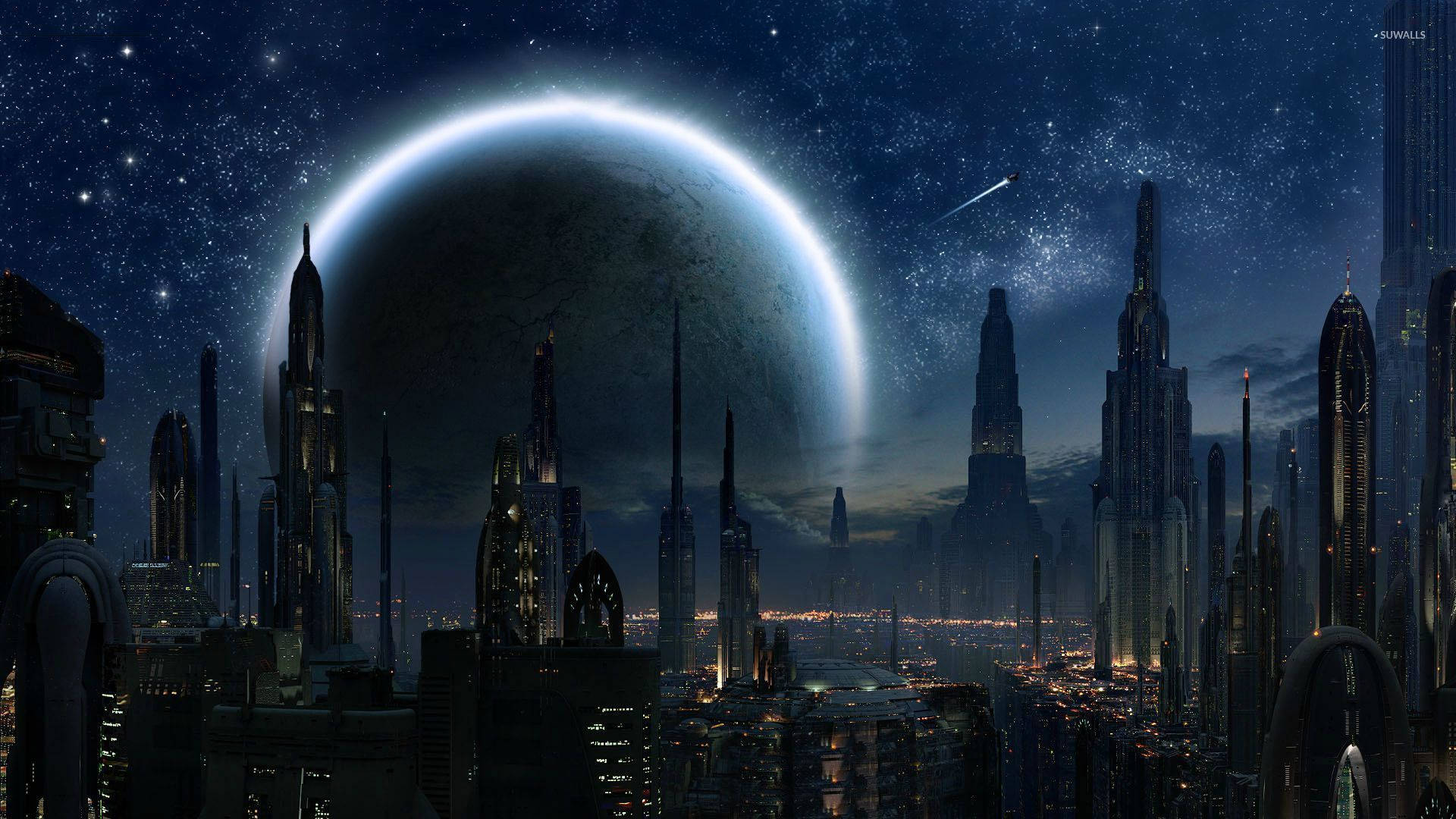 Fondo de pantalla de Star Wars de edificios altos y una gran luna Coruscant en la ciudad moderna