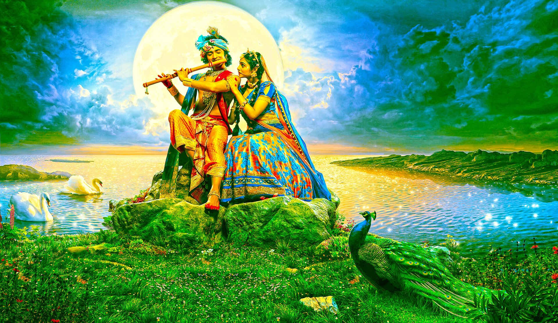 Elegancia Devocional del Amor Divino de Radha y Krishna Fondos de pantalla