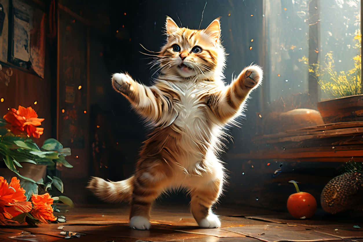 Elegante gato bailando en habitación iluminada por el sol Fondos de pantalla