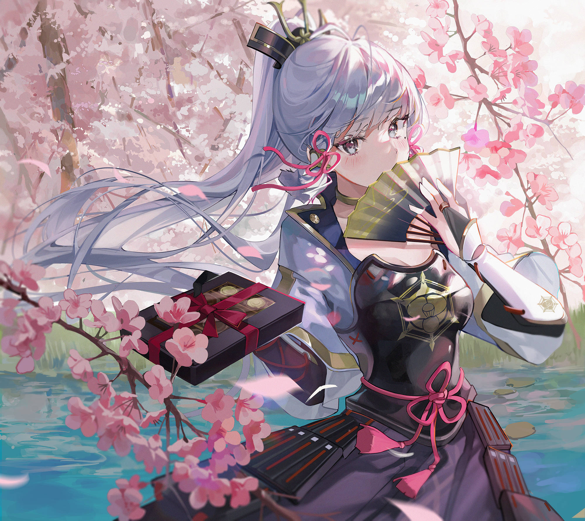 Elegante Kamisato Ayaka Ofreciendo una Caja de Chocolates Fondos de pantalla