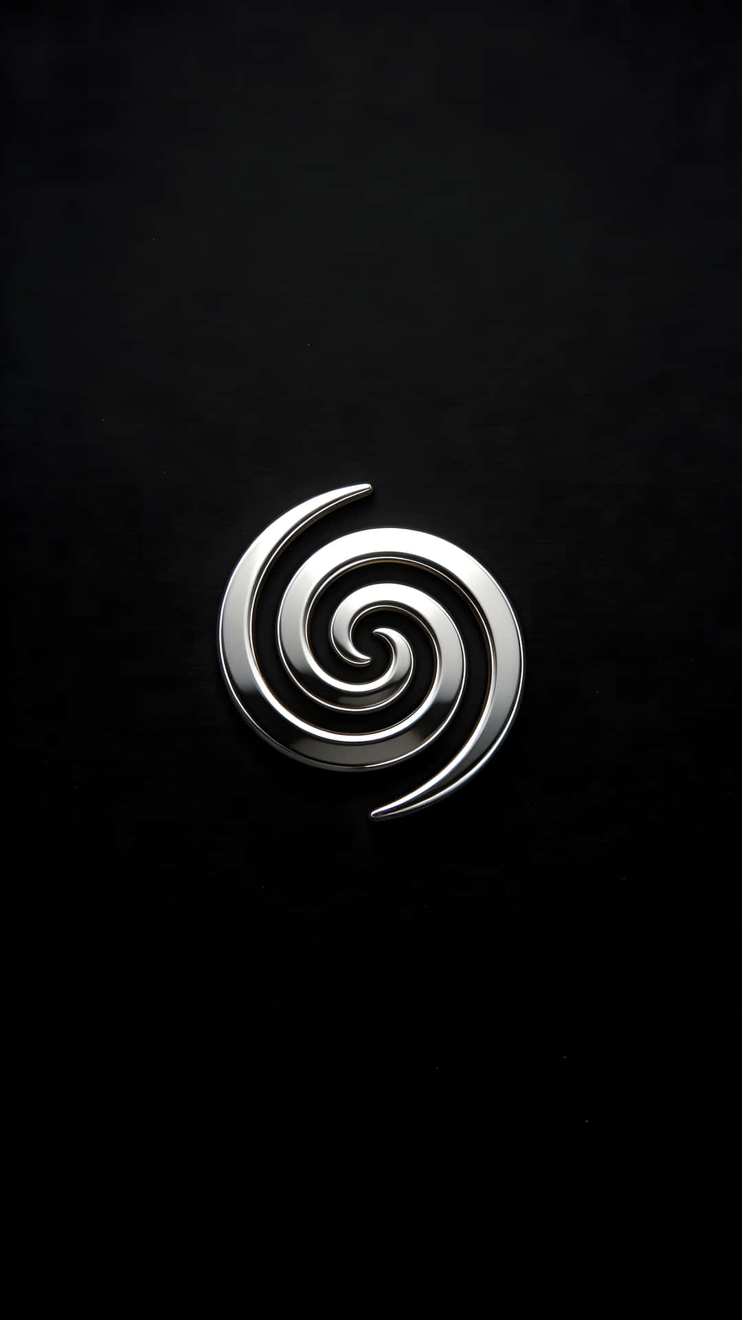 Metal cepillado, espiral metálico, espiral plateado, textura de acero inoxidable, emblema metálico, fondo de pantalla minimalista, fondo oscuro, fondo negro, diseño elegante, estética tecnológica moderna, lujo premium, monocromático, minimalismo limpio, patrón espiral, diseño de remolino, arte de vórtice, símbolo de bobina, Naruto, símbolo de Konoha, Aldea Oculta de la Hoja